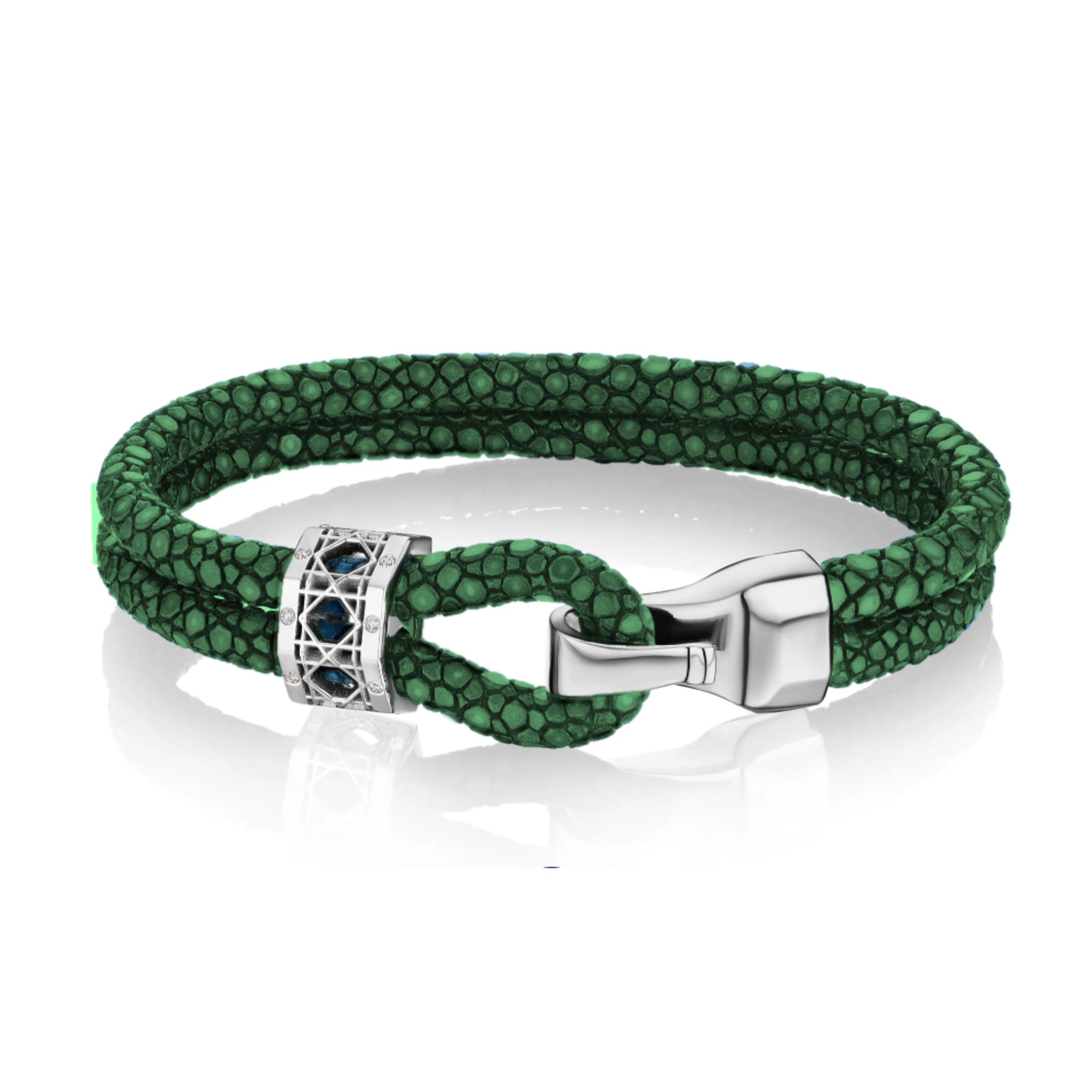 MoAnA LUU Abyss bracelet in stingray leather and 18K white gold, featuring a cane-woven bead inspired by traditional Caribbean fish traps, reflecting the house’s vision of Creole-inspired fine jewelry crafted in New York.