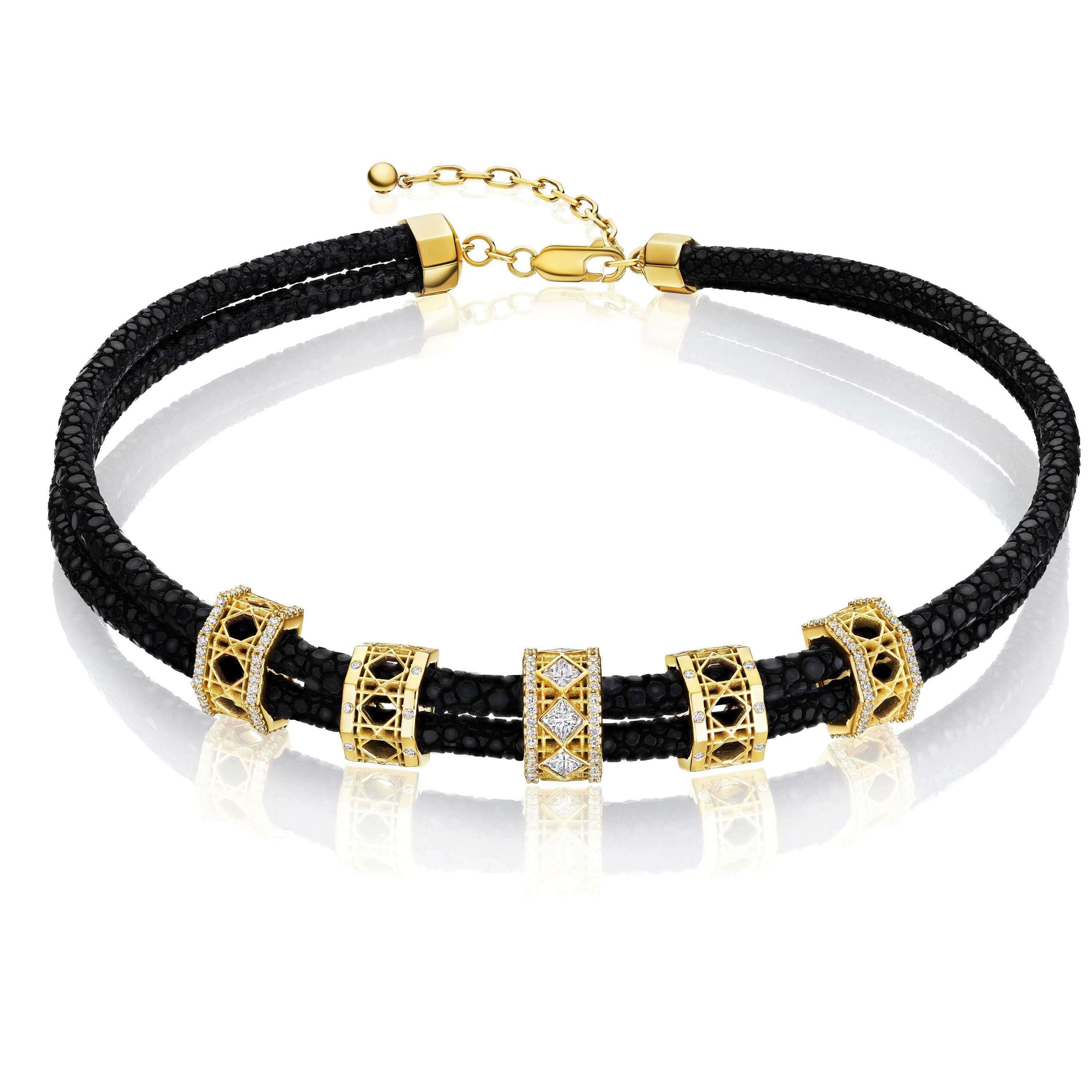 MoAnA LUU Abyss choker in stingray leather, diamonds and 18K yellow gold, featuring 5 cane-woven work beads inspired by traditional Caribbean fish traps, reflecting the house’s vision of Creole-inspired fine jewelry crafted in New York.