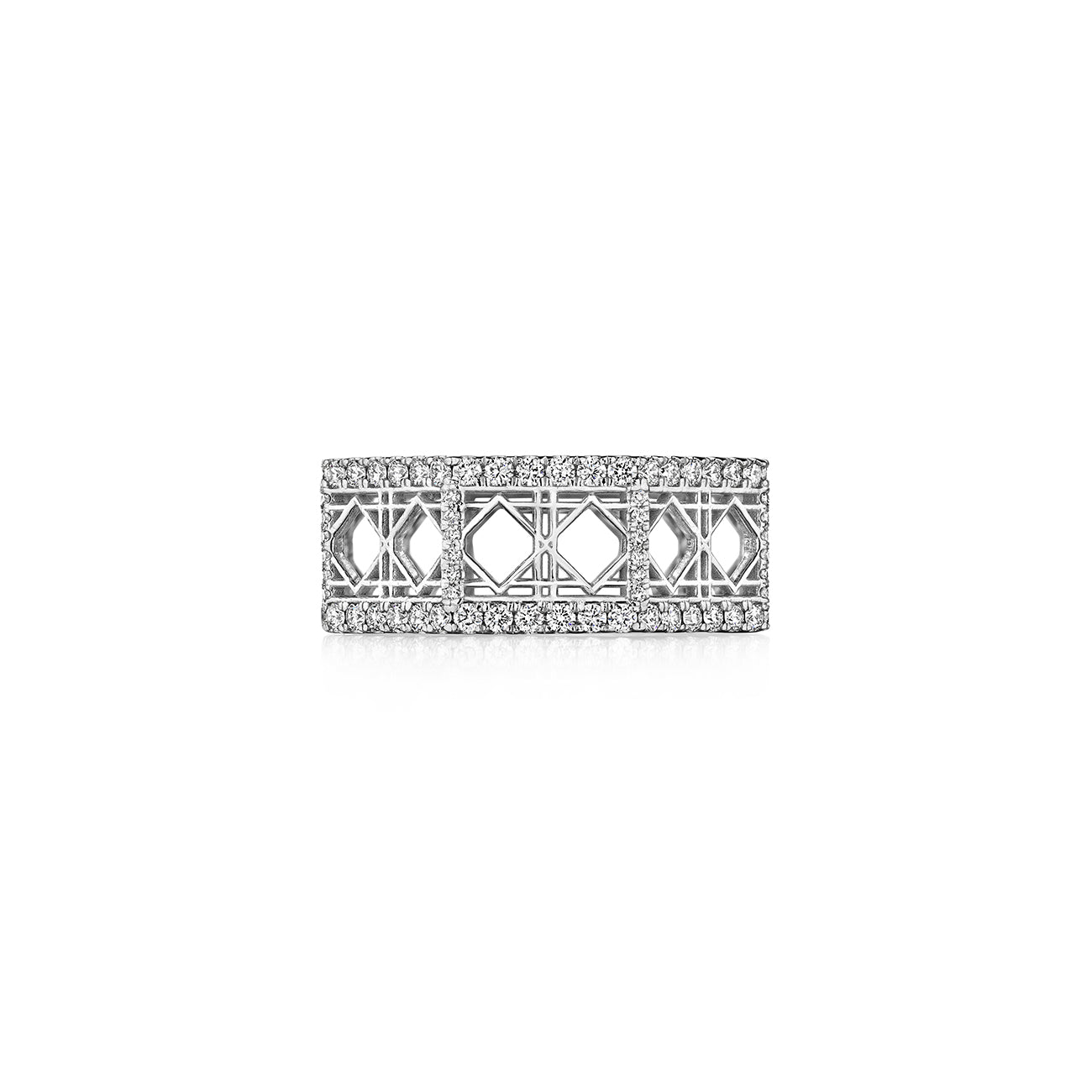 MoAnA LUU Doudou band ring in 18K white gold, featuring pavé diamonds in an intricate woven openwork design inspired by Caribbean fish traps.