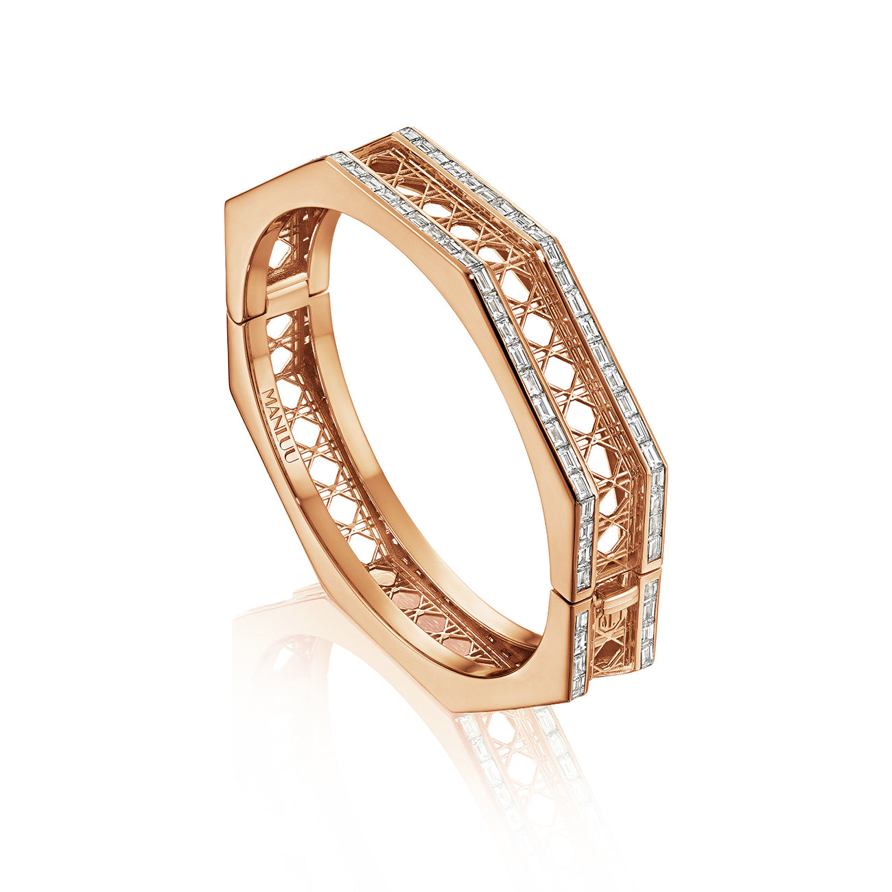 MoAnA LUU Doudou bracelet in 18K rose gold, featuring geometric openwork with baguette diamonds inspired by Caribbean fish traps.