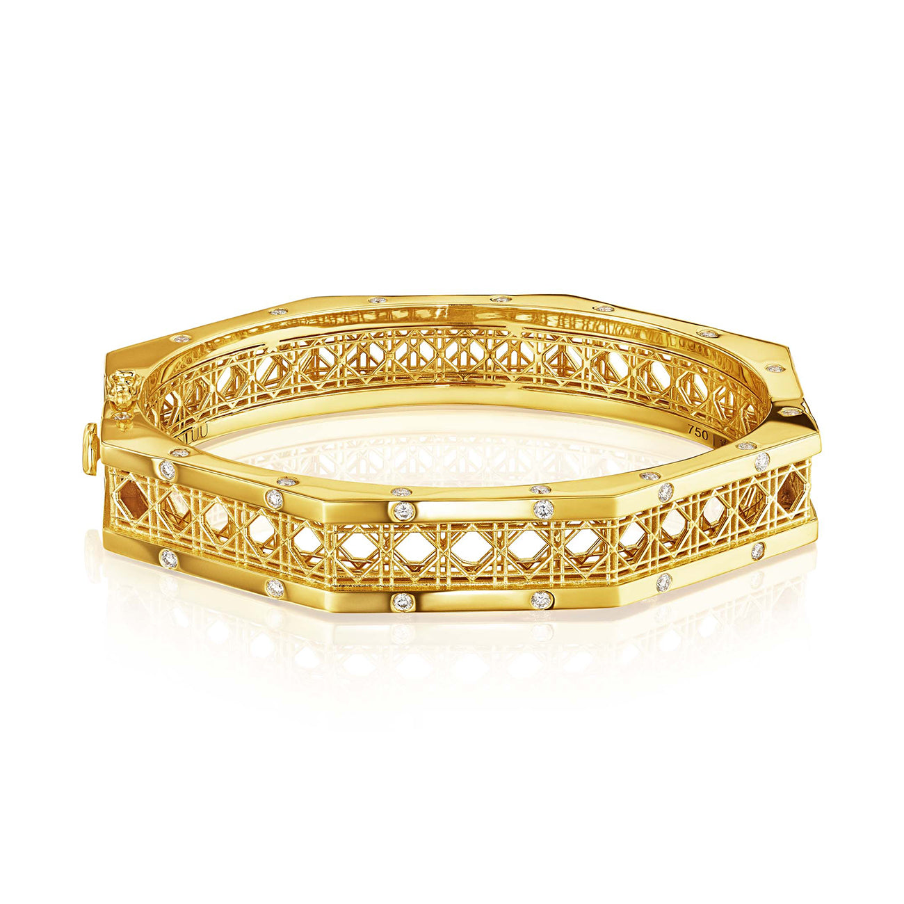 MoAnA LUU Doudou bracelet in 18K yellow gold, featuring burnish diamond boarders and a cane-woven work inspired by traditional Caribbean fish traps, reflecting the house’s vision of Creole-inspired fine jewelry crafted in New York.