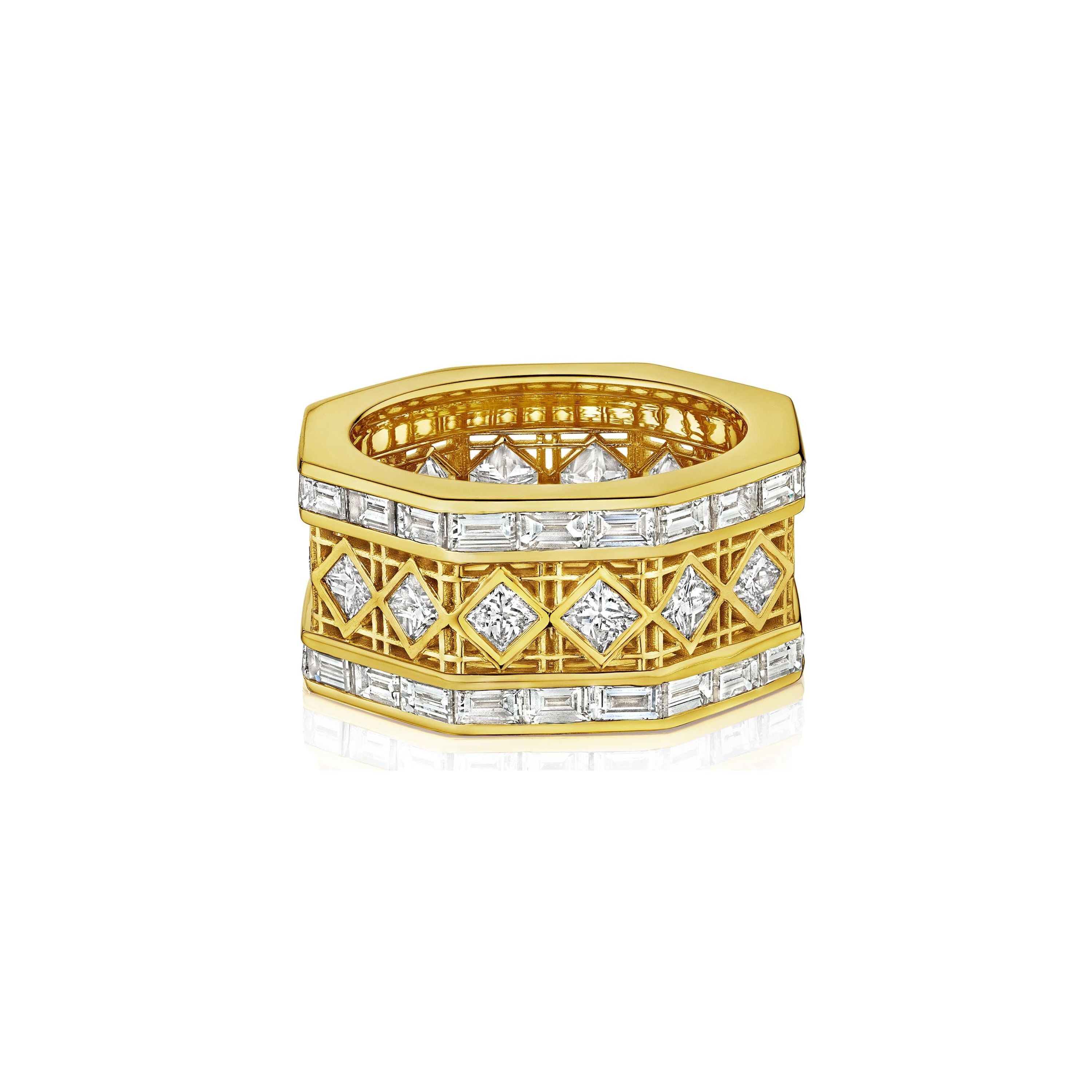 MoAnA LUU Doudou eternity band ring in 18K yellow gold, featuring geometric openwork with princess-cut diamonds and baguette diamond inspired by Caribbean fish traps.
