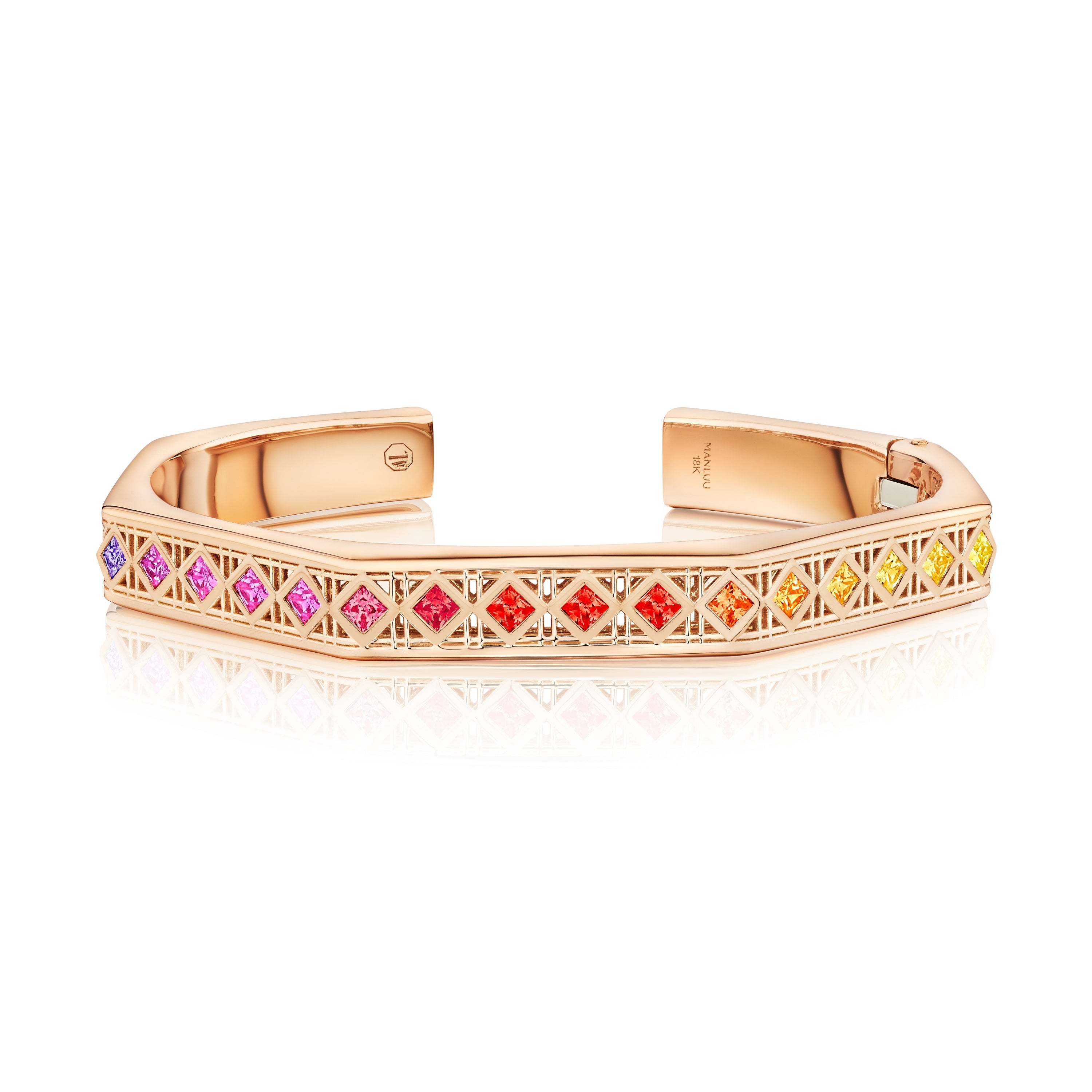MoAnA LUU Doudou hinged bracelet in 18K rose gold and multi-colored sapphires featuring a cane-woven work inspired by traditional Caribbean fish traps, reflecting the house’s vision of Creole-inspired fine jewelry crafted in New York.
