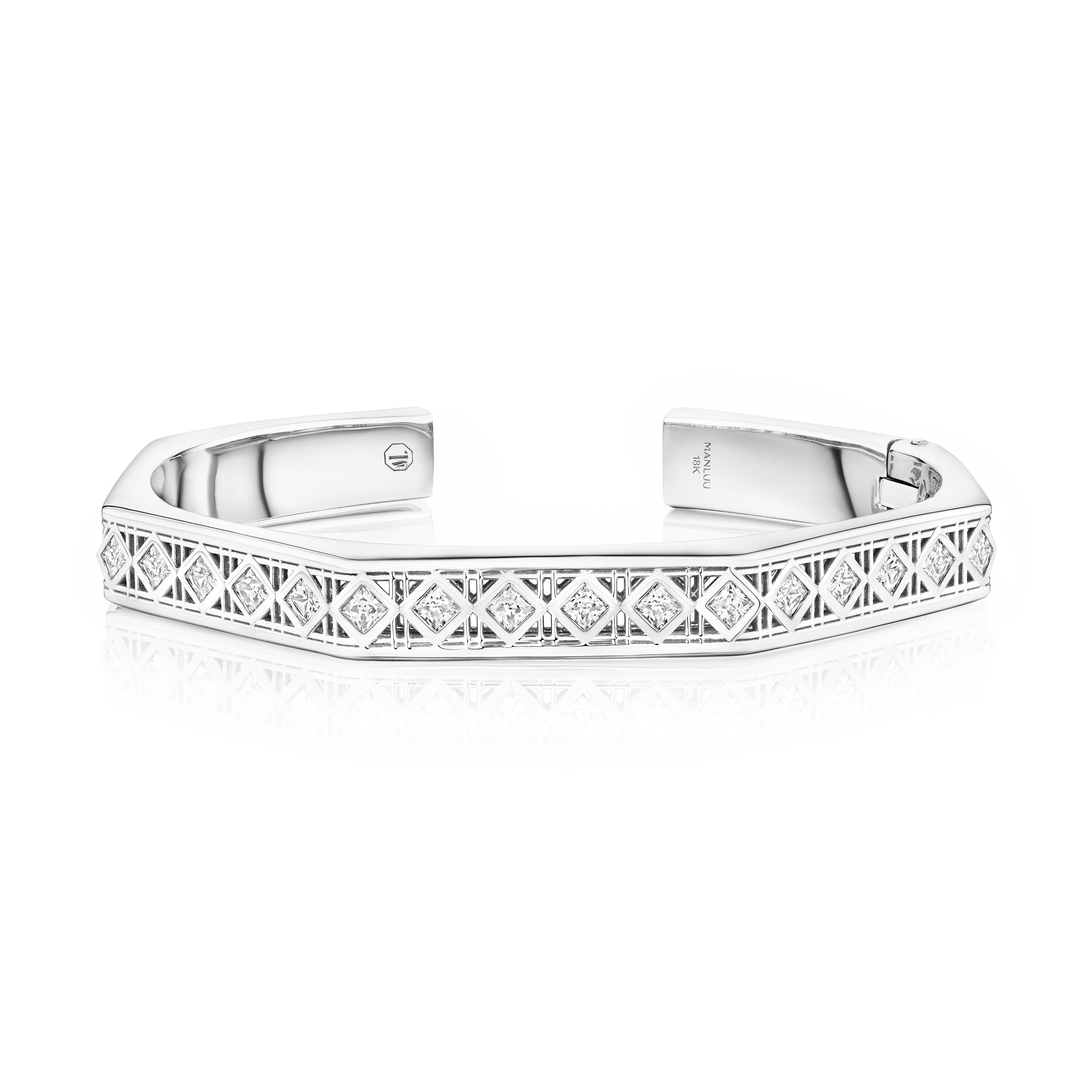 MoAnA LUU Doudou hinged bracelet in 18K white gold and princess cut diamonds featuring a cane-woven work inspired by traditional Caribbean fish traps, reflecting the house’s vision of Creole-inspired fine jewelry crafted in New York.