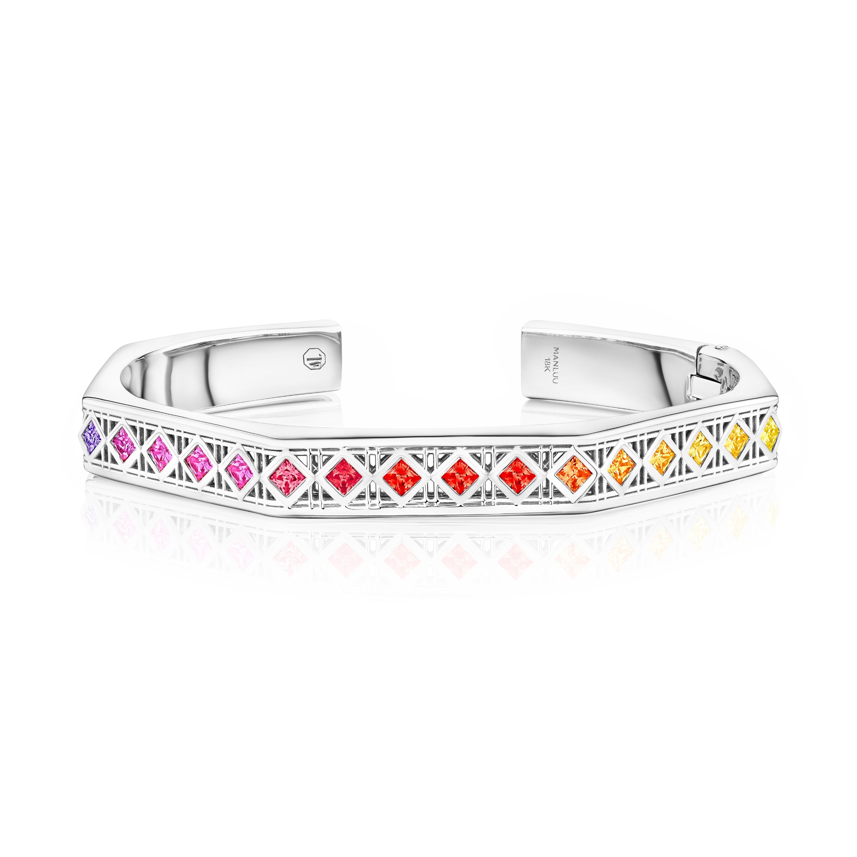 MoAnA LUU Doudou hinged bracelet in 18K white gold and multi-colored sapphires featuring a cane-woven work inspired by traditional Caribbean fish traps, reflecting the house’s vision of Creole-inspired fine jewelry crafted in New York.