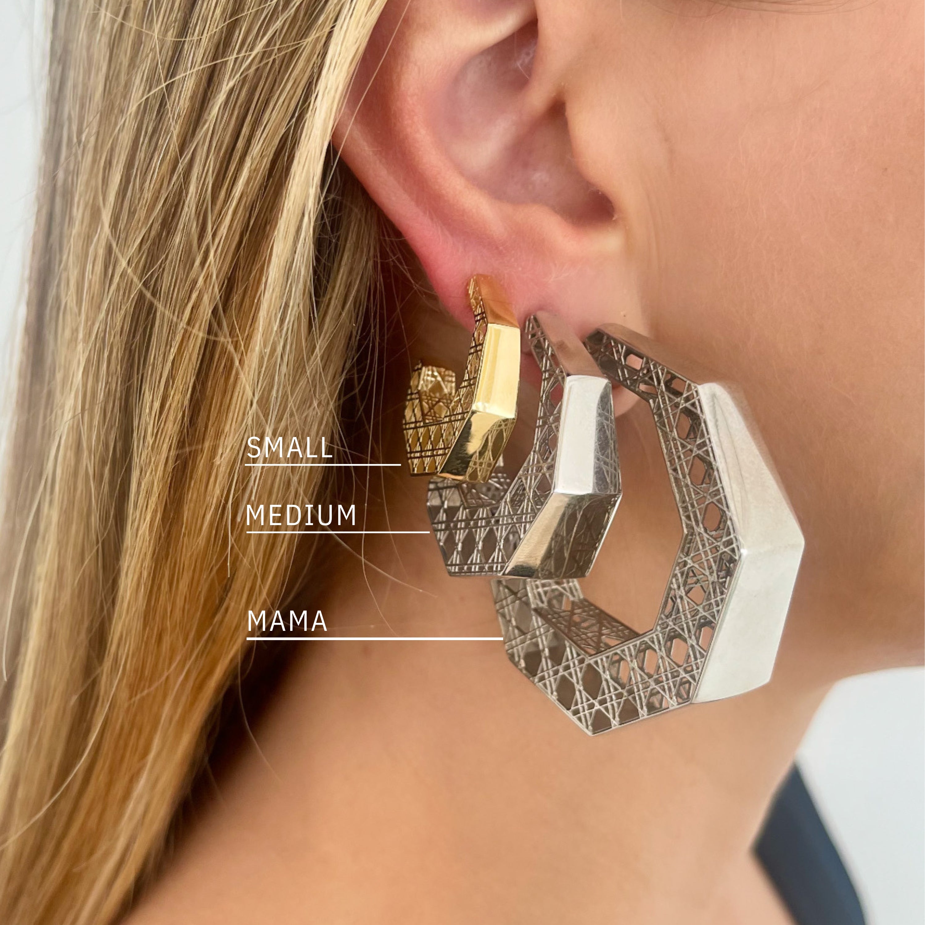 MoAnA LUU Doudou hoop earrings in 18K yellow gold, featuring geometric openwork inspired by Caribbean fish traps, in different sizes.