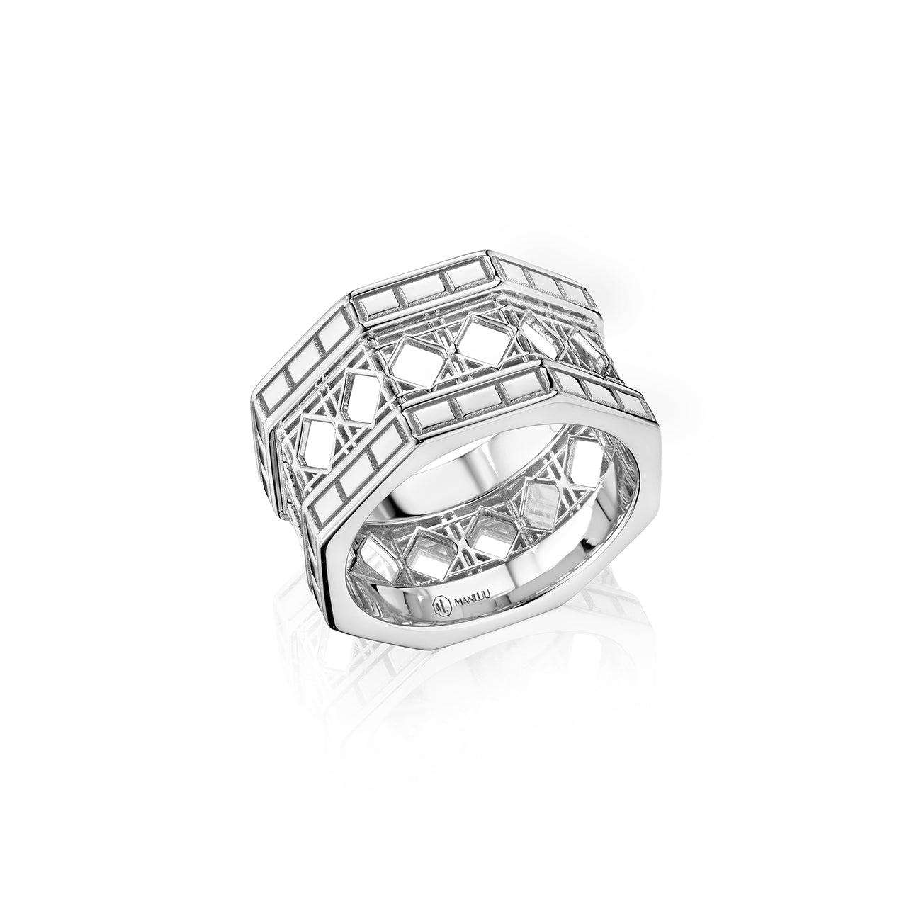 MoAnA LUU Doudou wide ring in 18K yellow gold, featuring a sculptural geometric form with openwork cane-woven interior inspired by Caribbean fish traps.