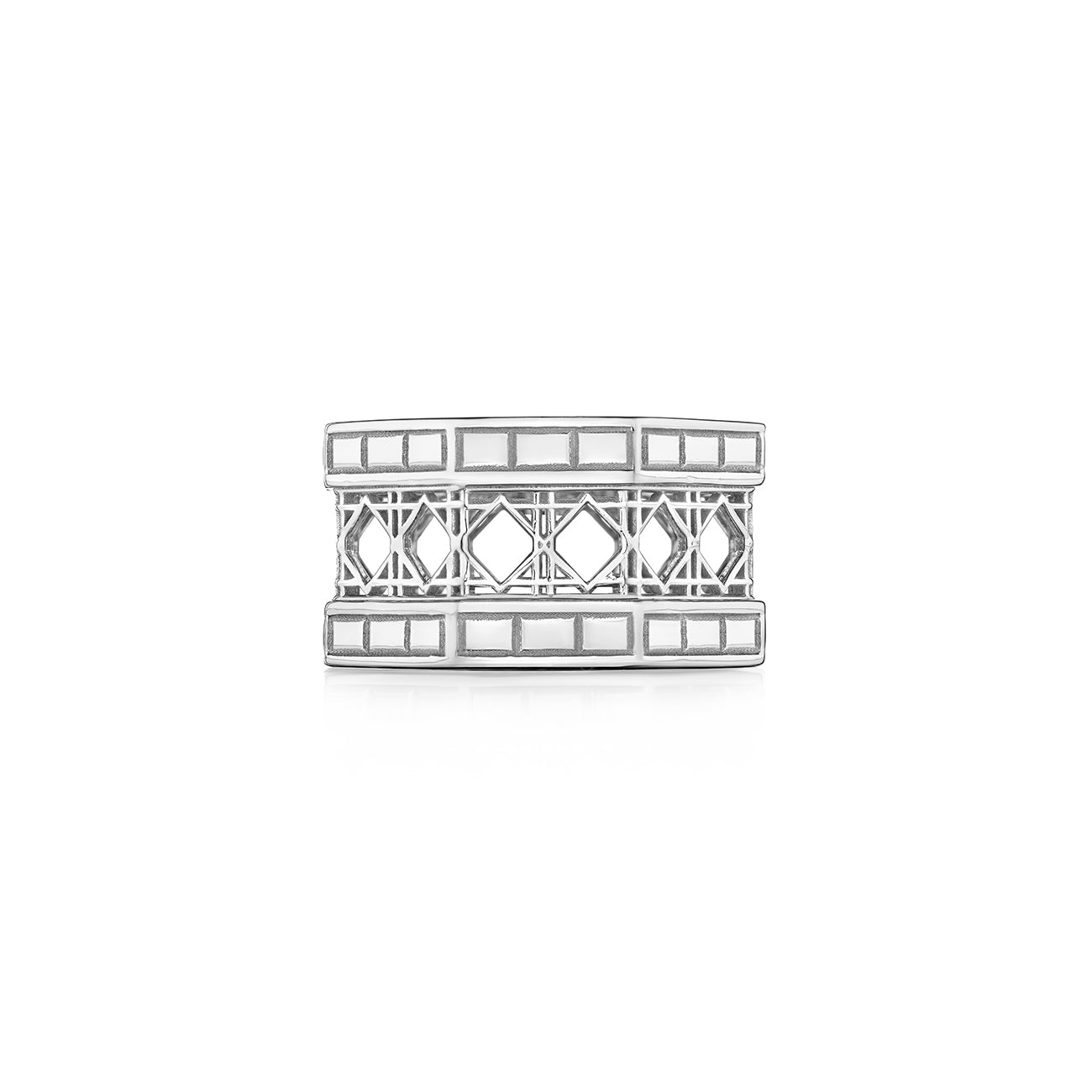 MoAnA LUU Doudou wide ring in 18K white gold, featuring a sculptural geometric form with openwork cane-woven interior inspired by Caribbean fish traps.