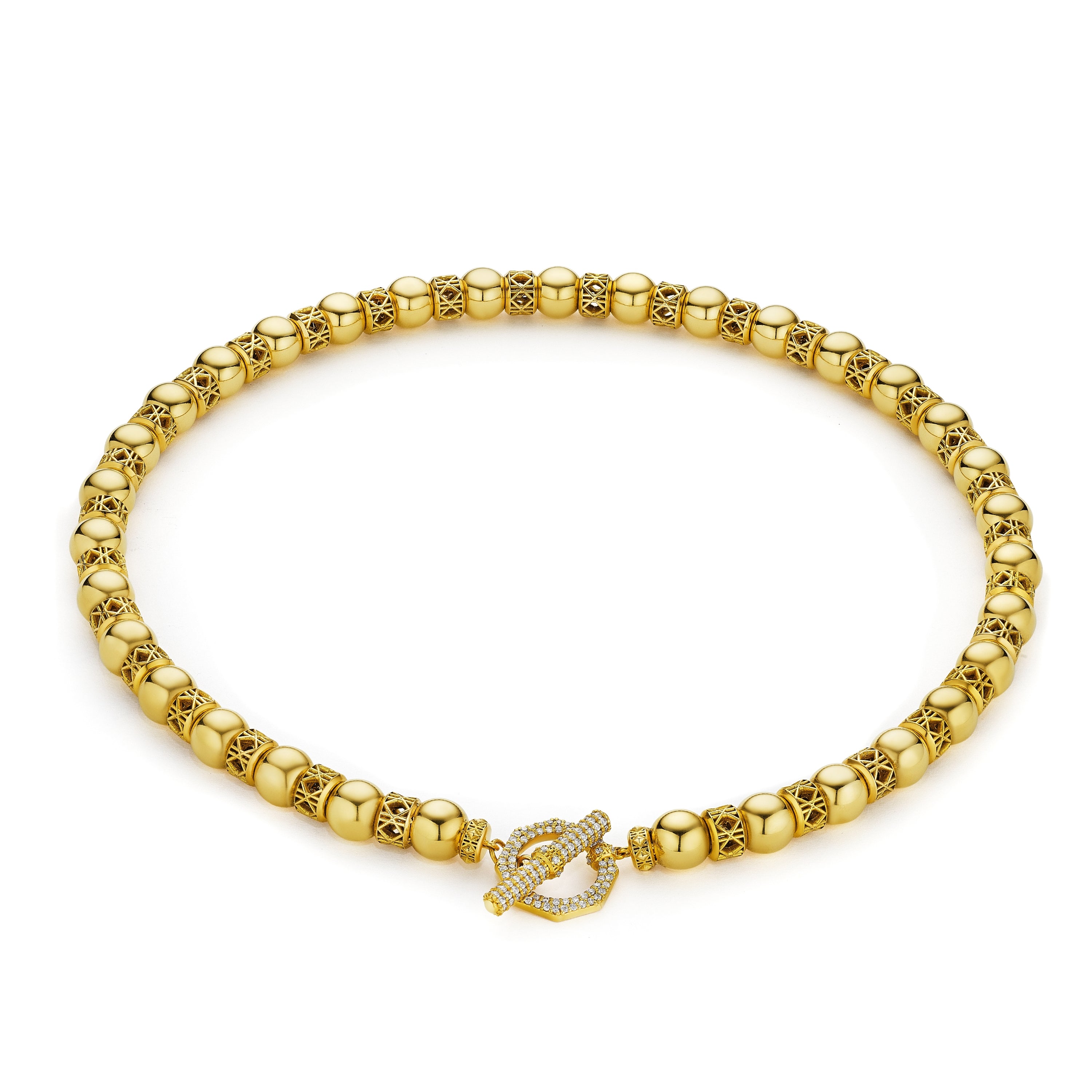 MoAnA LUU Yva bead necklace in 18K yellow gold with diamond encrusted toggle clasp and cane woven gold beads, inspired by traditional Creole bead jewelry.