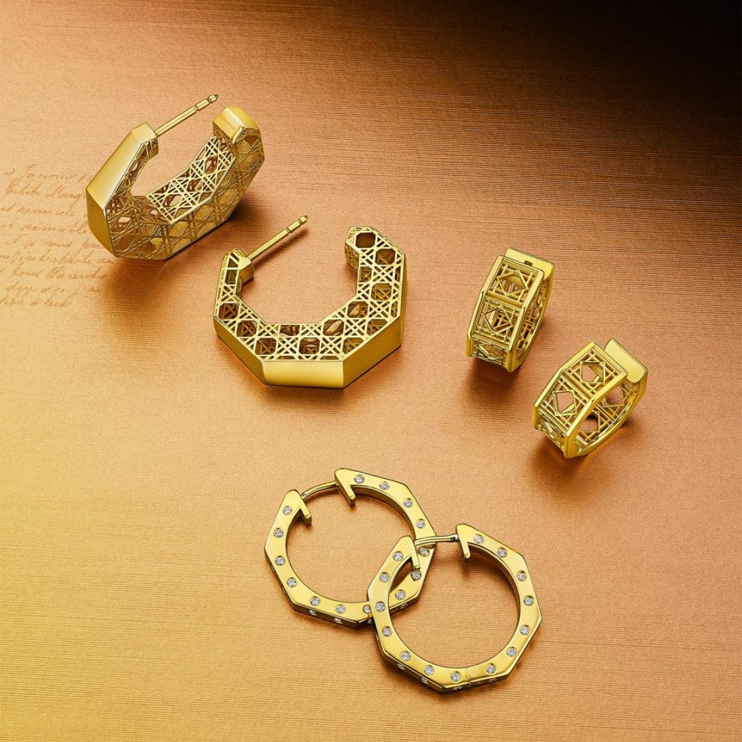 MoAnA LUU Doudou and Ti earring collection in 18K yellow gold, featuring geometric hoop earrings with openwork woven design and diamond-set details inspired by Caribbean fish traps.