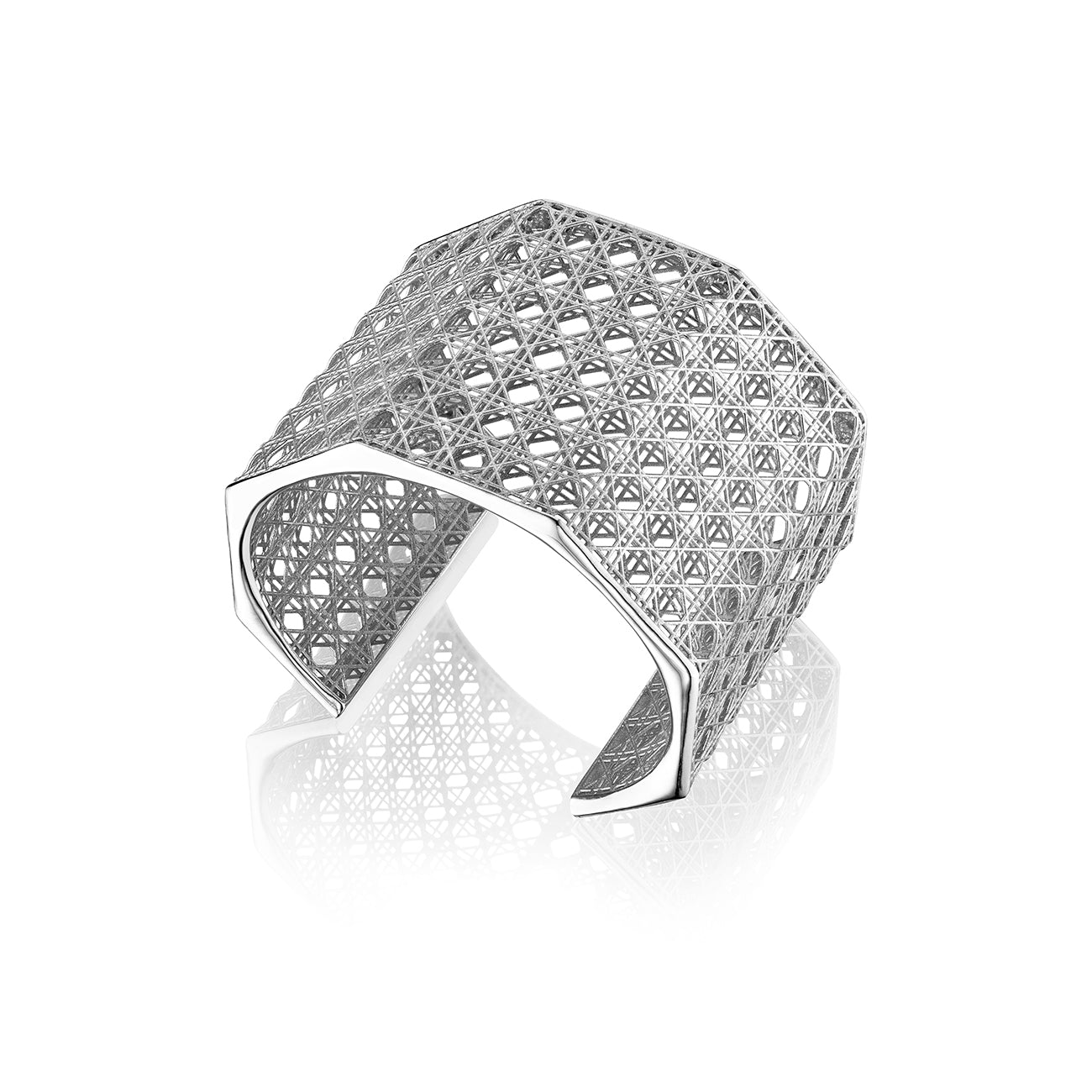 MoAnA LUU Doudou Maxi cuff bracelet in silver, featuring an intricate woven openwork design inspired by Caribbean fish traps.