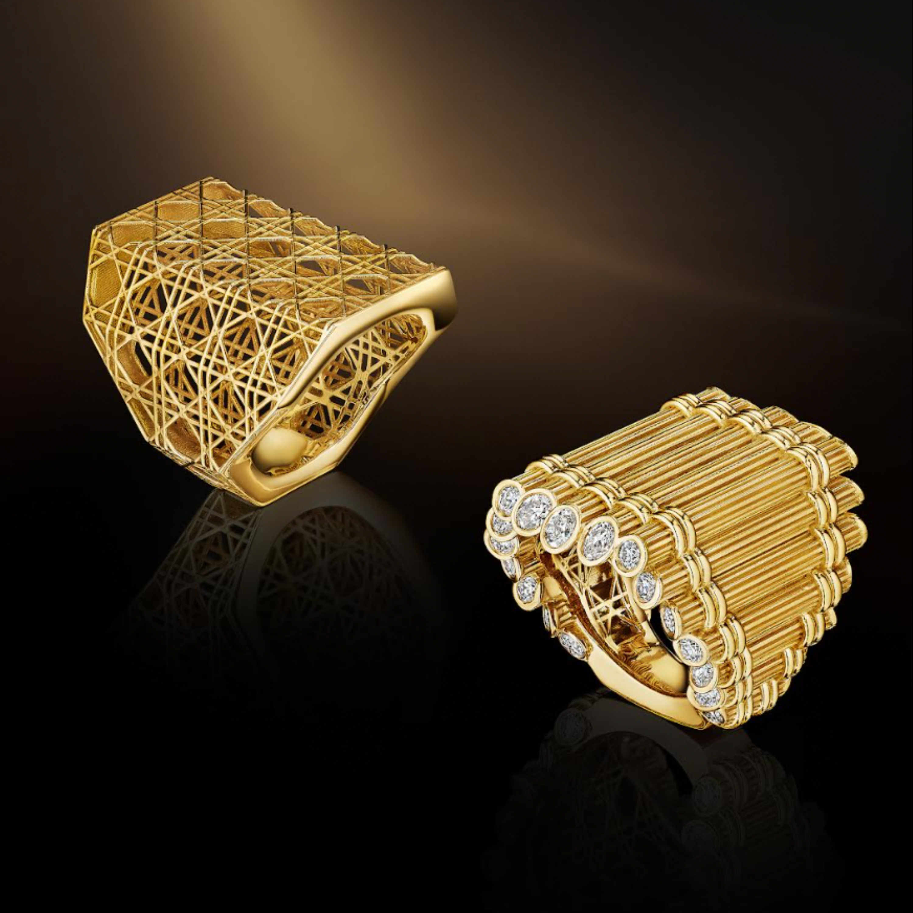 MoAnA LUU Doudou Maxi ring in 18K yellow gold with intricate woven openwork design inspired by Caribbean fish traps and Fago Kann ring in gold with diamond accents inspired by Fagot de Cannes Creole archive earrings.
