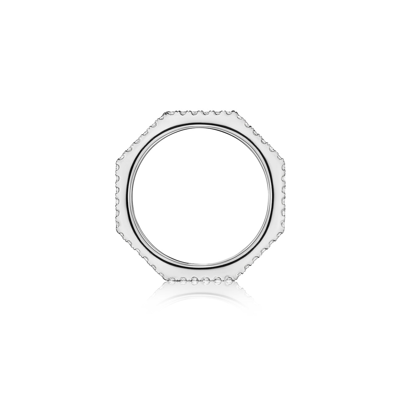 MoAnA LUU Doudou wide band ring in 18K white gold, featuring pavé and princess-cut diamonds in an intricate woven openwork design inspired by Caribbean fish traps.