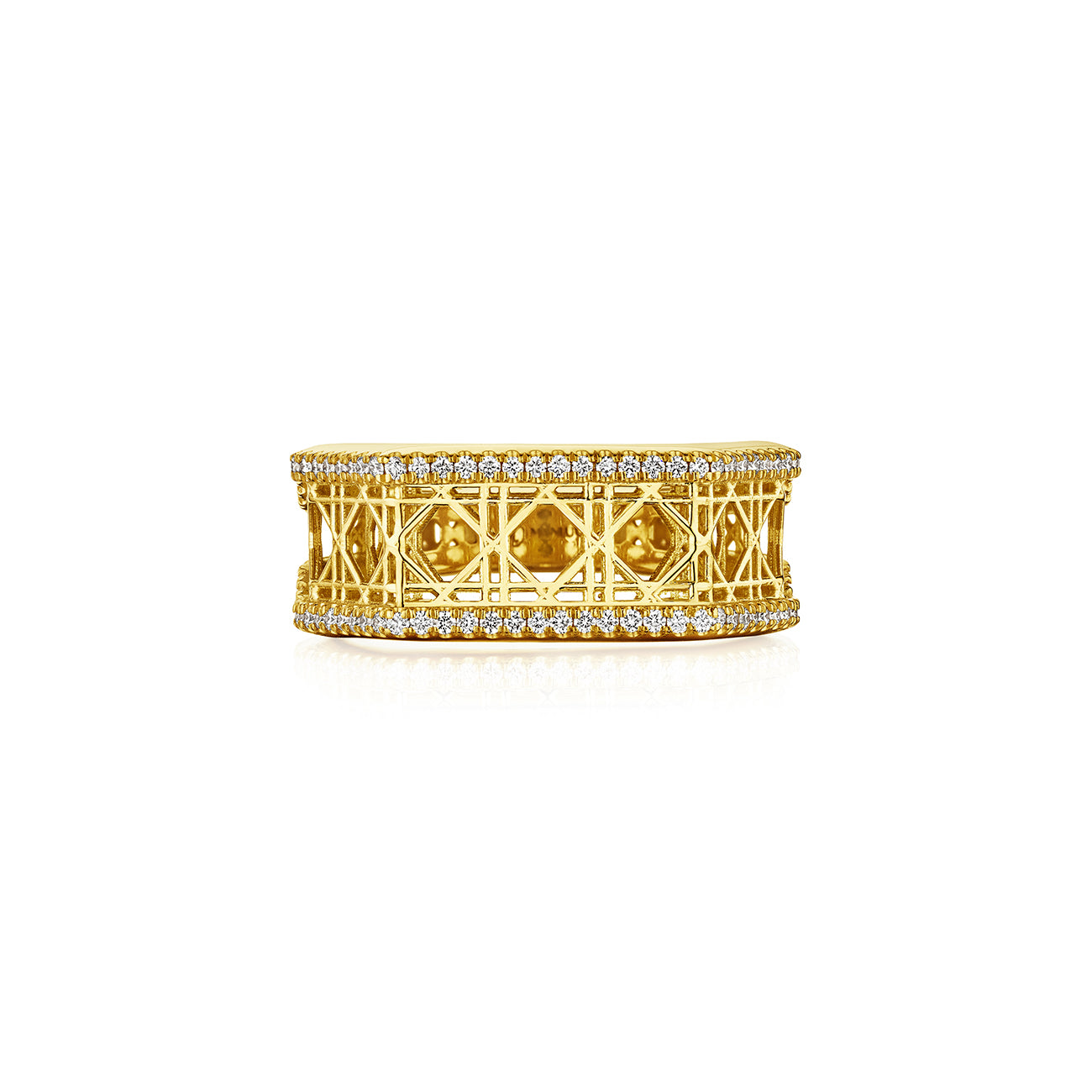 MoAnA LUU Doudou narrow ring in 18K yellow gold, featuring pavé diamonds in an intricate woven openwork design inspired by Caribbean fish traps.