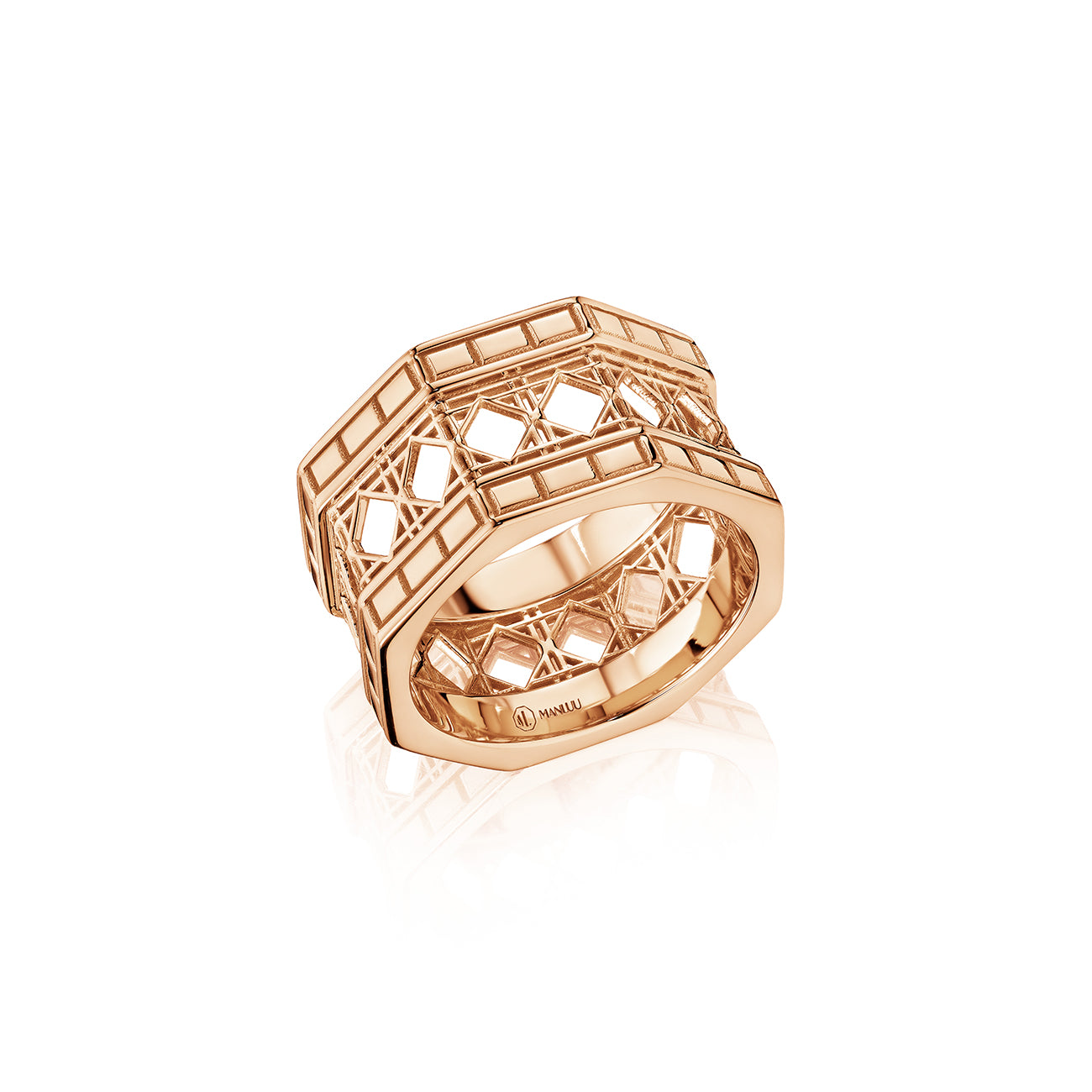MoAnA LUU Doudou wide band ring in 18K rose gold, featuring intricate geometric openwork cane design inspired by Caribbean fish traps.