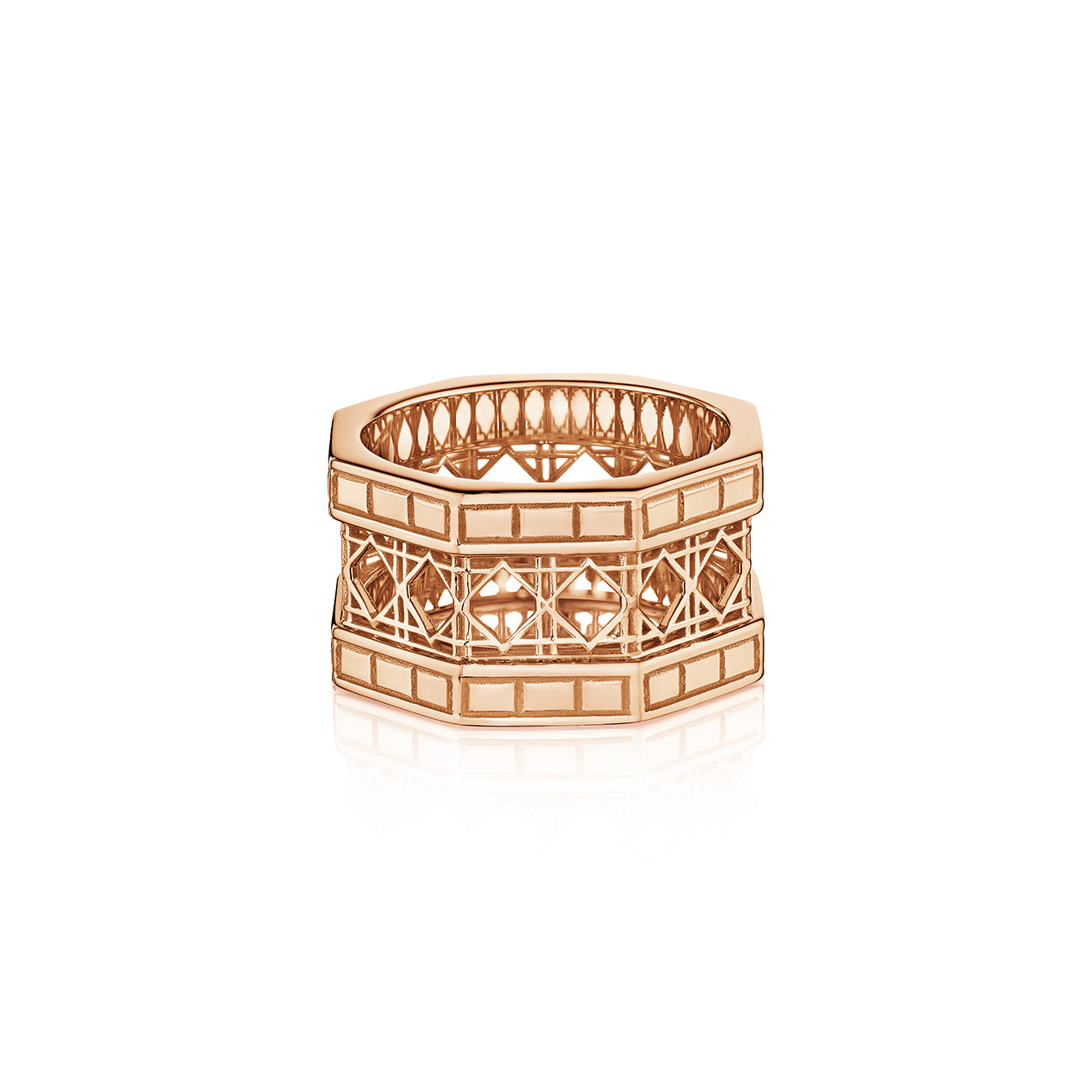 MoAnA LUU Doudou wide band ring in 18K rose gold, featuring intricate geometric openwork cane design inspired by Caribbean fish traps.