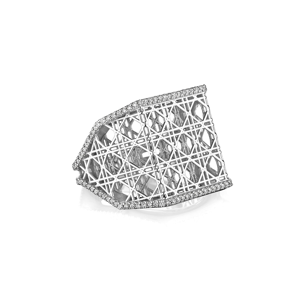 MoAnA LUU Doudou wide band ring in 18K white gold, featuring intricate geometric openwork cane design inspired by Caribbean fish traps.
