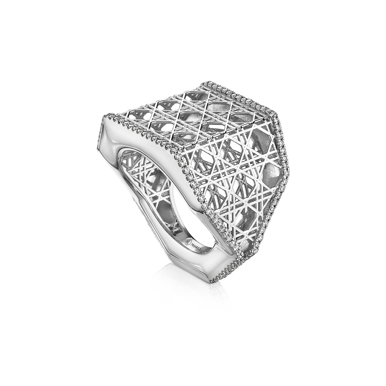 MoAnA LUU Doudou wide band ring in 18K white gold, featuring intricate geometric openwork cane design inspired by Caribbean fish traps.