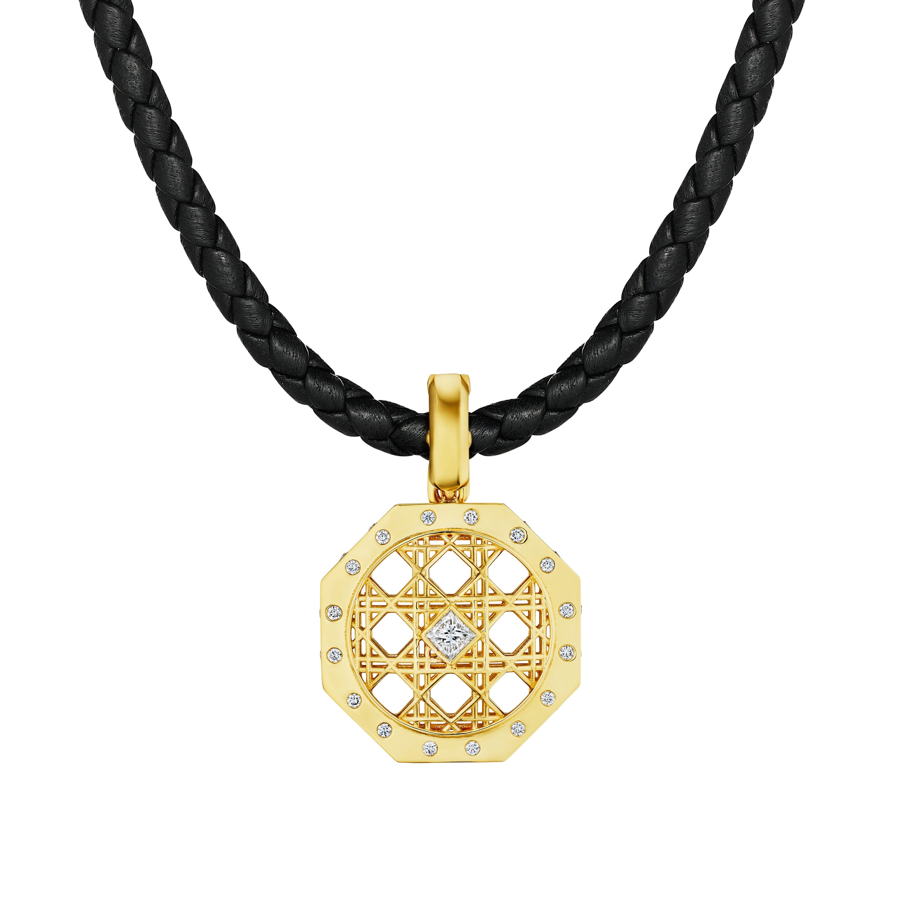MoAnA LUU Doudou pendant with diamonds on leather cord, in 18K yellow gold, featuring cane-woven work inspired by traditional Caribbean fish traps, reflecting the house’s vision of Creole-inspired fine jewelry crafted in New York.