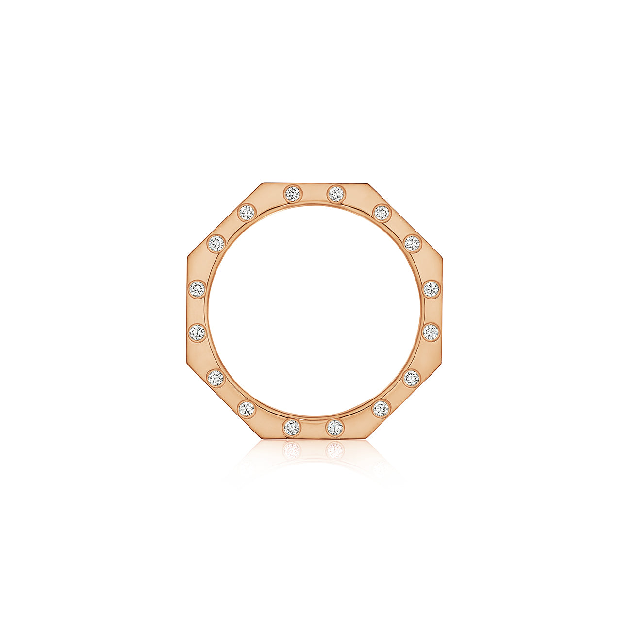 MoAnA LUU Ti ring in 18K rose gold, featuring burnished diamonds on three sides and octogonal shape.