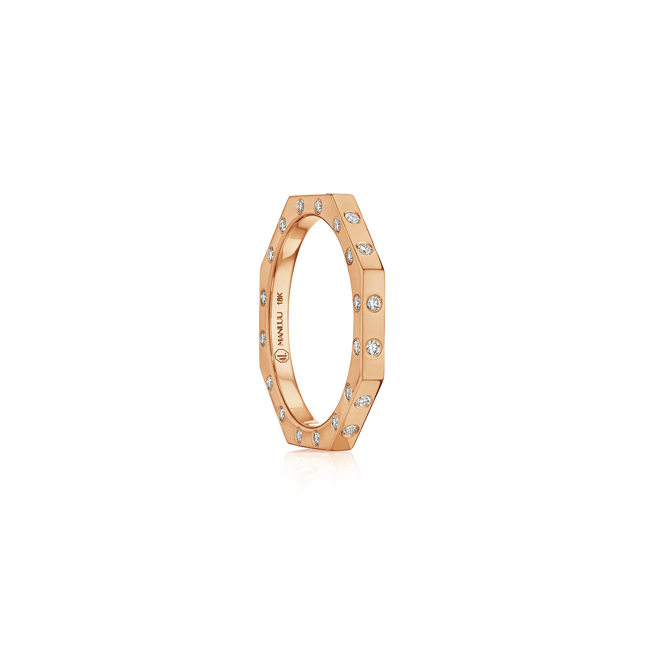 MoAnA LUU Ti ring in 18K rose gold, featuring burnished diamonds on three sides and octogonal shape.