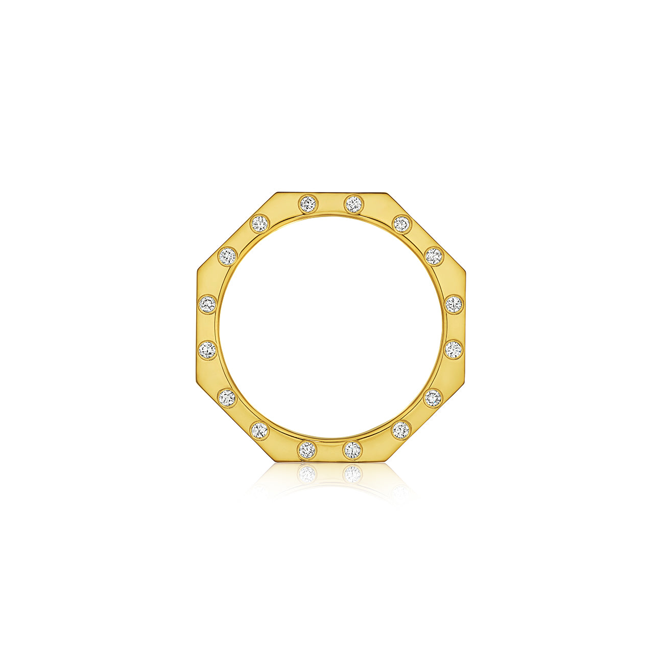MoAnA LUU Ti ring in 18K yellow gold, featuring burnished diamonds on three sides and octogonal shape.