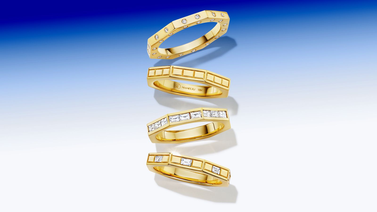 MoAnA LUU Ti rings in 18K gold and burnished diamonds and baguette diamonds featuring octogonal design.
