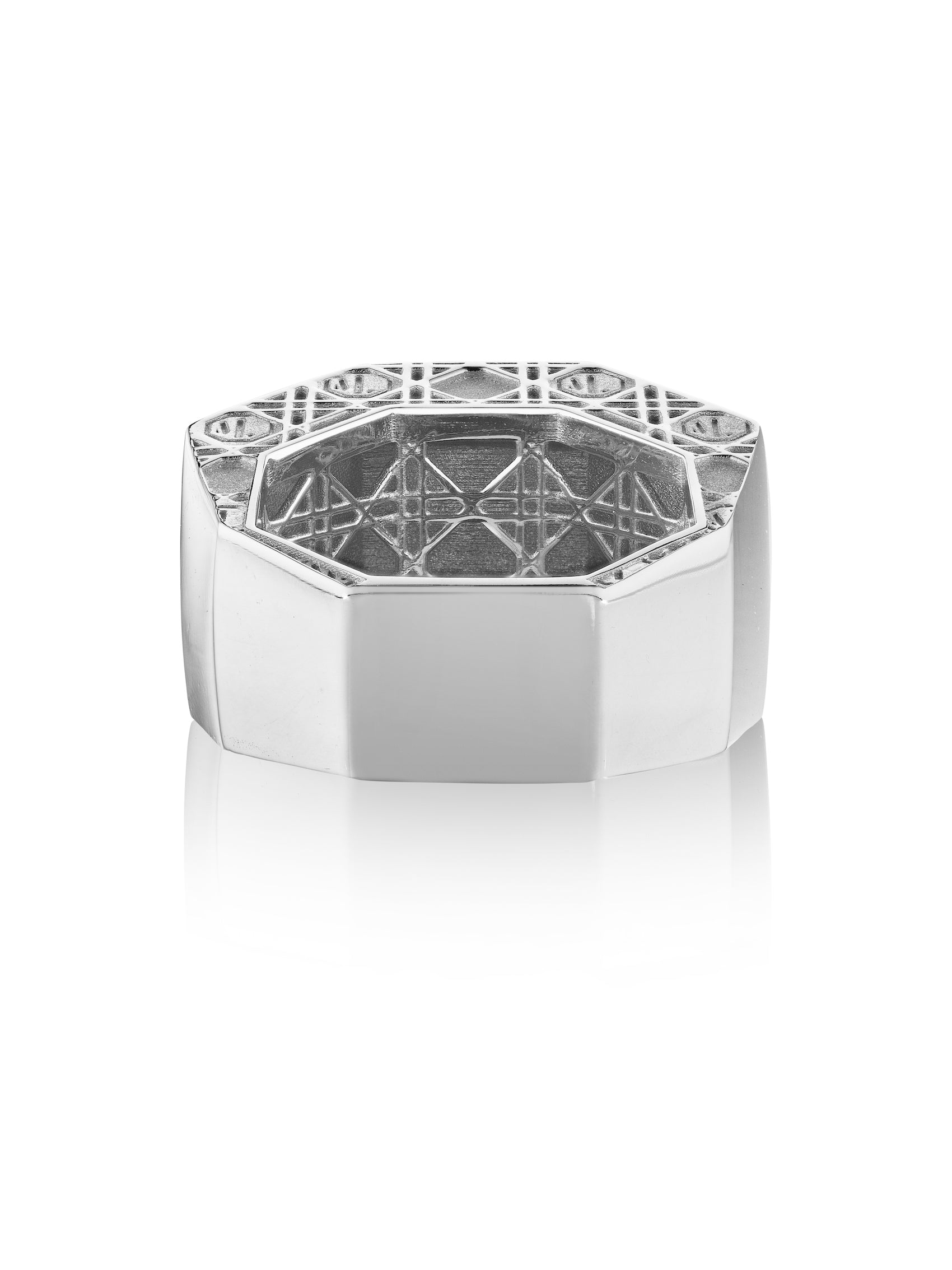 MoAnA LUU ML statement embossed octogonal ring in silver, made in New York City.