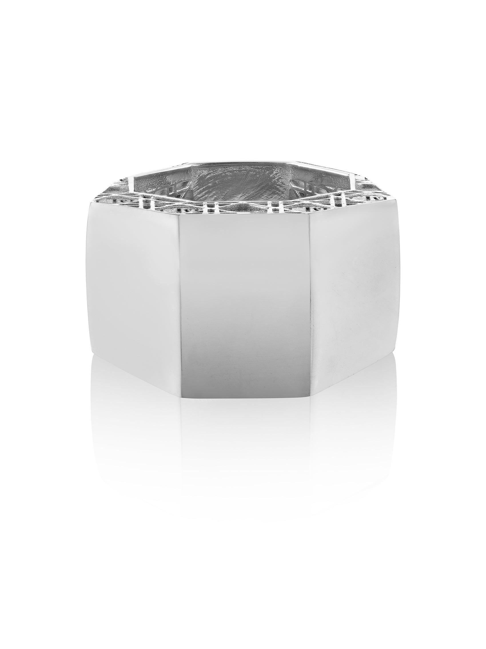 MoAnA LUU ML statement embossed octogonal ring in silver, made in New York City.