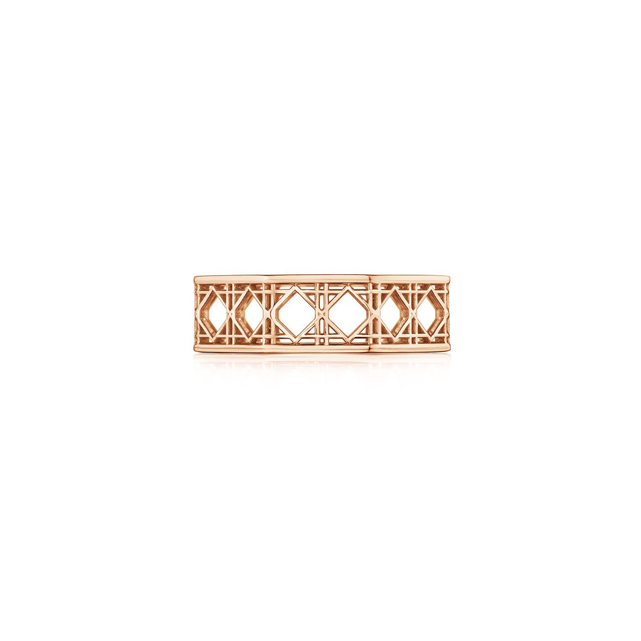 MoAnA LUU Doudou band ring in 18K rose gold, featuring an intricate woven openwork design inspired by Caribbean fish traps.