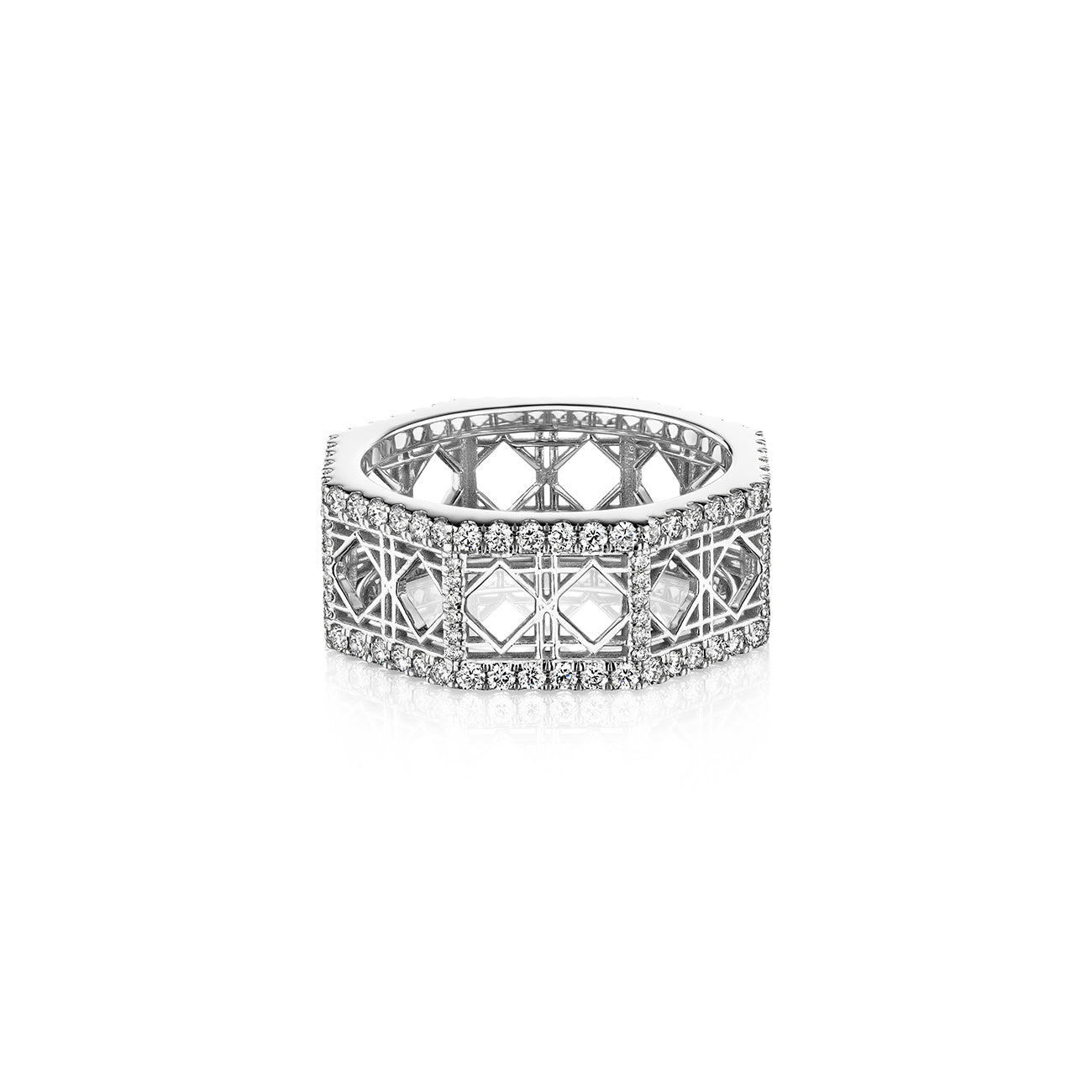 MoAnA LUU Doudou band ring in 18K white gold, featuring pavé diamonds in an intricate woven openwork design inspired by Caribbean fish traps.