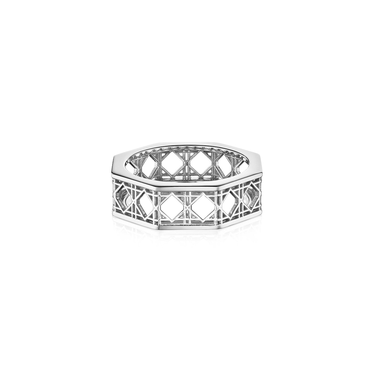 MoAnA LUU Doudou band ring in 18K white gold, featuring an intricate woven openwork design inspired by Caribbean fish traps.