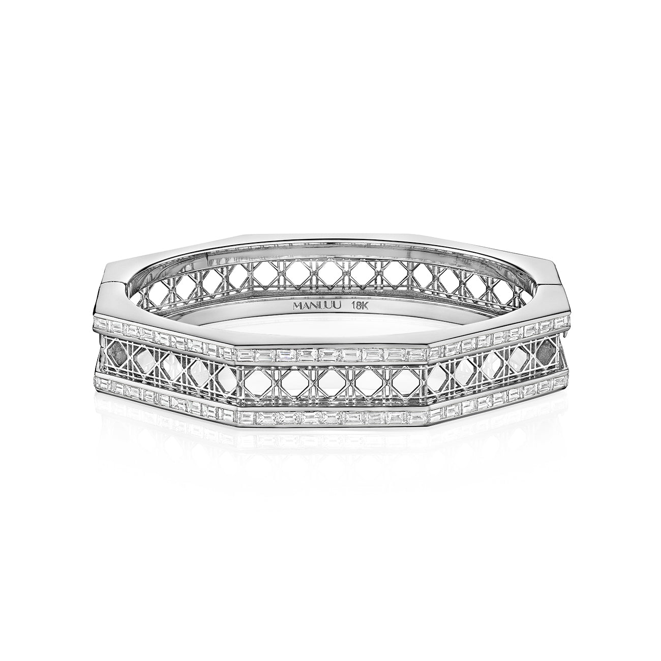 MoAnA LUU Doudou bracelet in 18K white gold, featuring geometric openwork with baguette diamonds inspired by Caribbean fish traps.