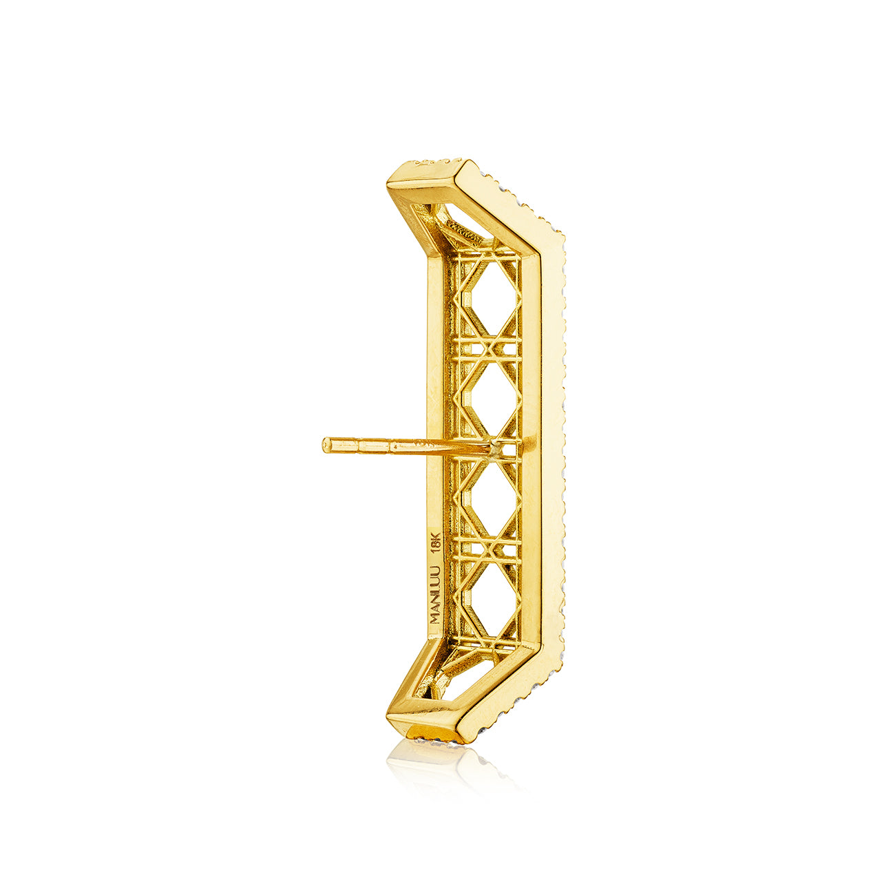 MoAnA LUU Doudou elongated cuff earrings in 18K yellow gold, featuring pavé diamonds set in a geometric openwork design inspired by Caribbean fish traps.