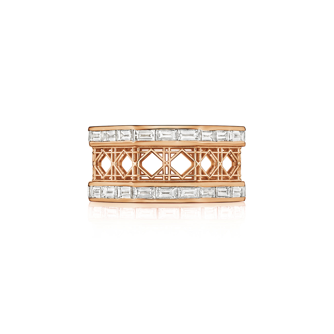 MoAnA LUU Doudou ring in 18K rose gold, featuring geometric openwork with baguette diamond inspired by Caribbean fish traps.