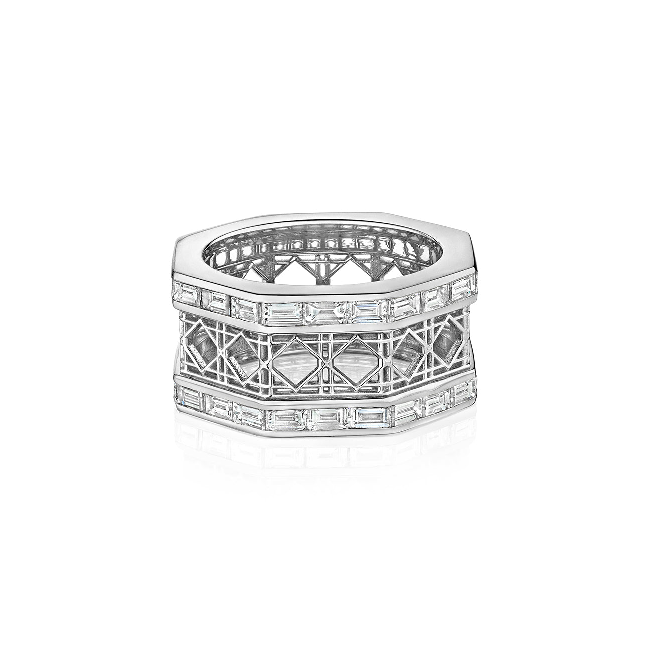 MoAnA LUU Doudou ring in 18K white, featuring geometric openwork with baguette diamonds inspired by Caribbean fish traps.