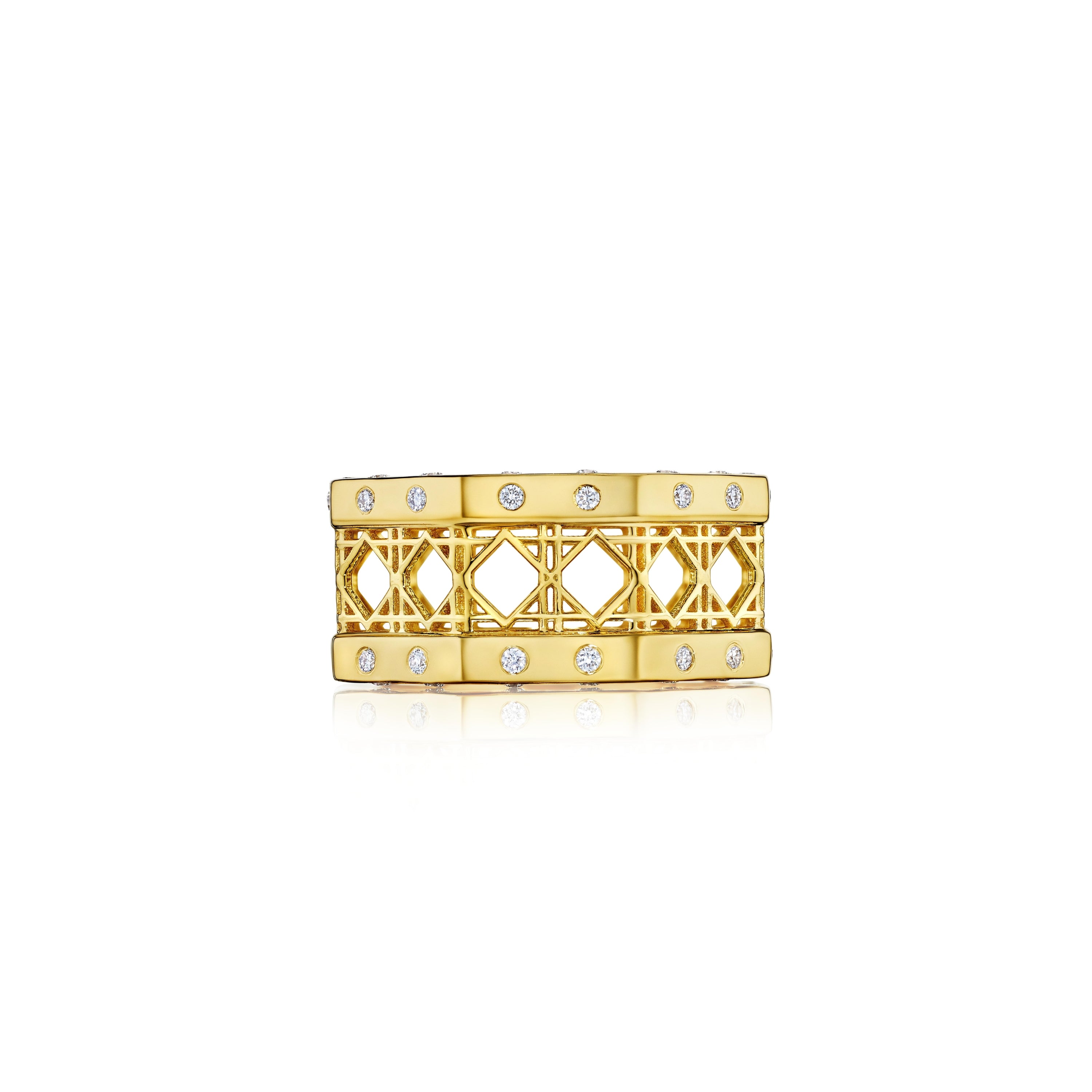 MoAnA LUU Doudou wide band ring in 18K yellow gold, featuring burnished diamonds in an intricate woven openwork design inspired by Caribbean fish traps.