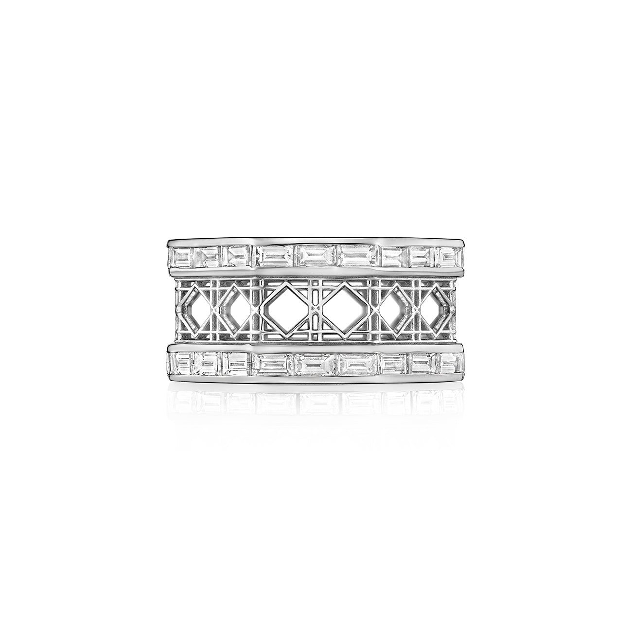 MoAnA LUU Doudou ring in 18K white gold, featuring geometric openwork with baguette diamond inspired by Caribbean fish traps.