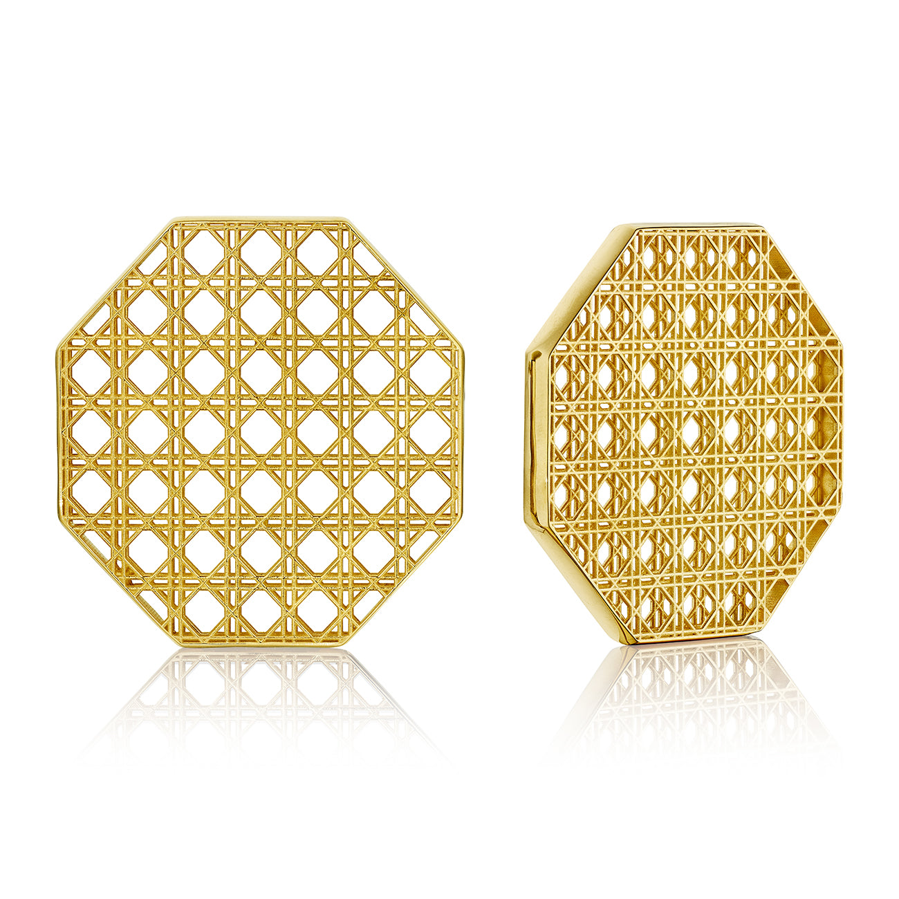 MoAnA LUU Doudou statement earrings in 18K yellow gold, featuring a cane-woven work inspired by traditional Caribbean fish traps, reflecting the house’s vision of Creole-inspired fine jewelry crafted in New York.