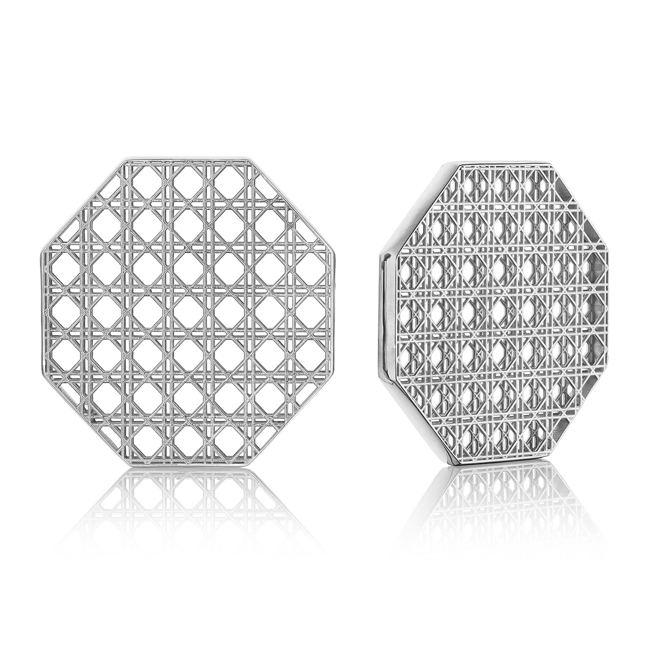 MoAnA LUU Doudou statement earrings in silver, featuring a cane-woven work inspired by traditional Caribbean fish traps, reflecting the house’s vision of Creole-inspired jewelry crafted in New York.