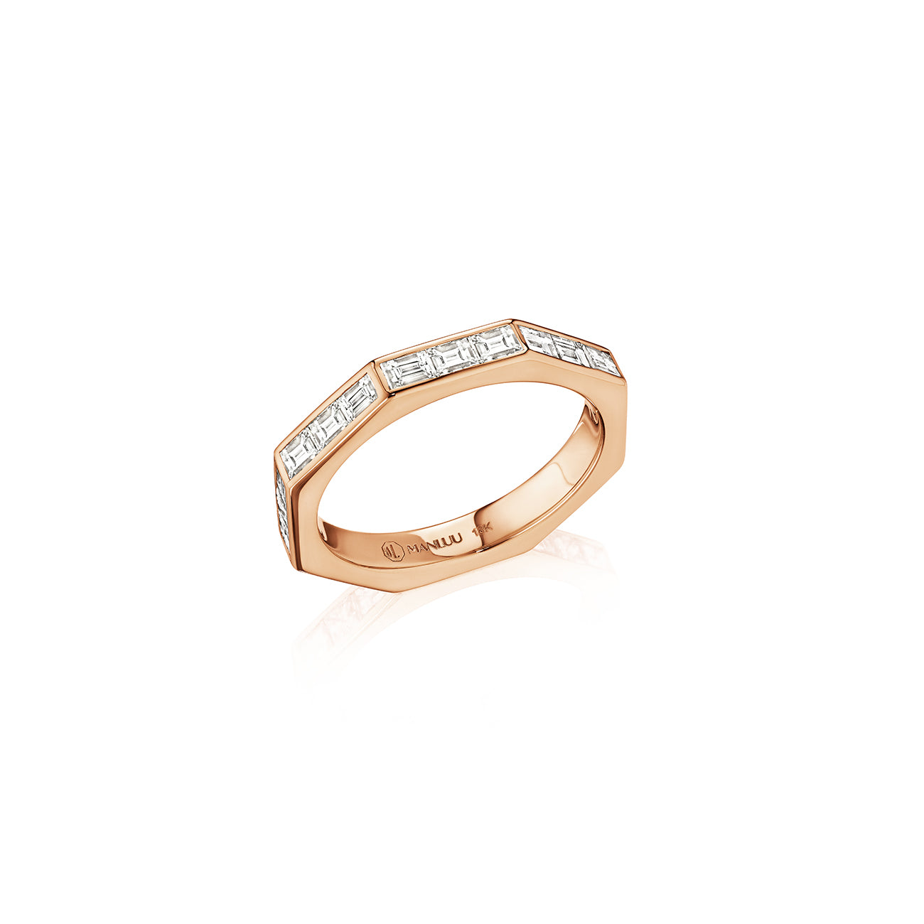 MoAnA LUU Ti eternity band ring in 18K rose gold, featuring baguette diamonds in an octagonal shape.