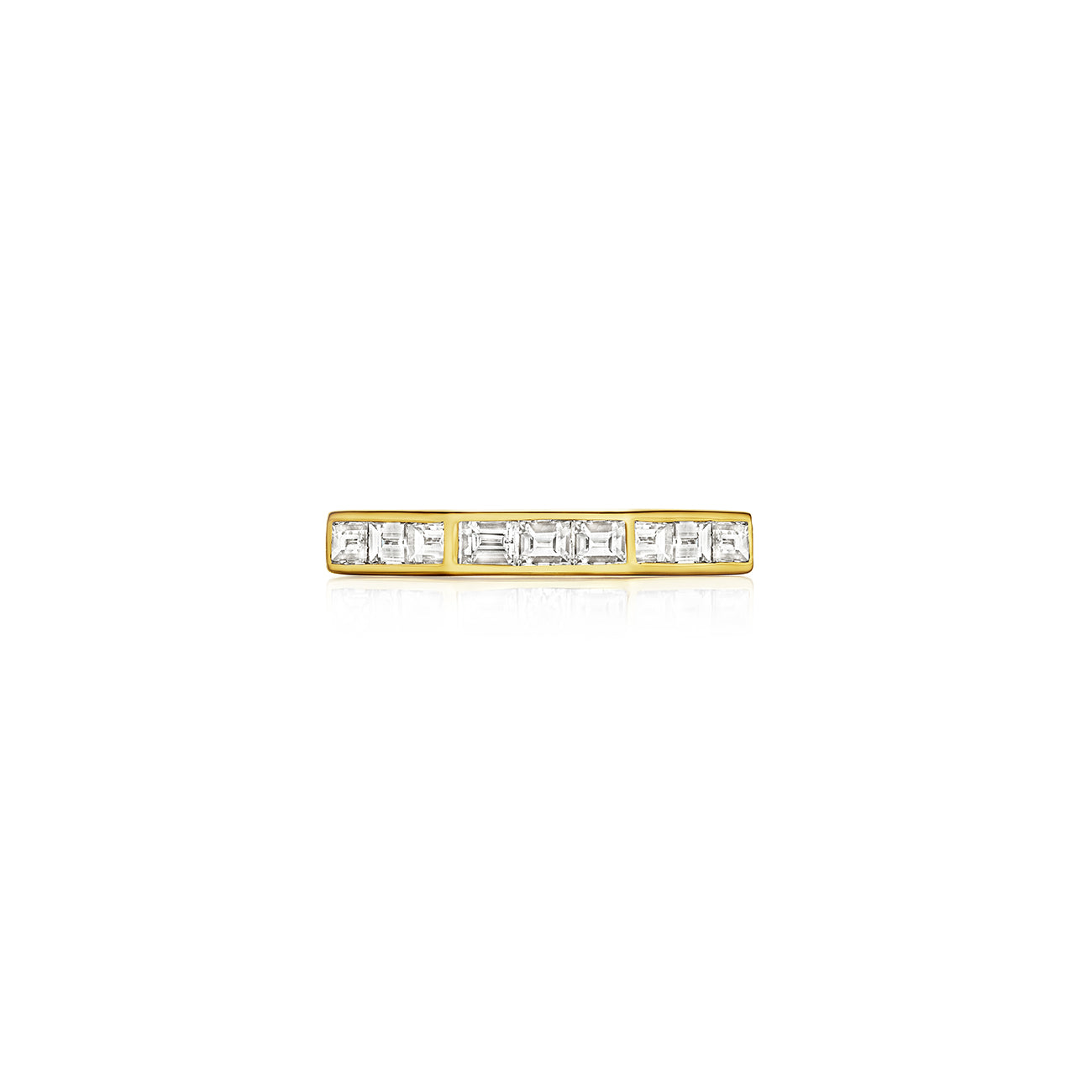 MoAnA LUU Ti eternity band ring in 18K yellow gold, featuring baguette diamonds in an octagonal shape.