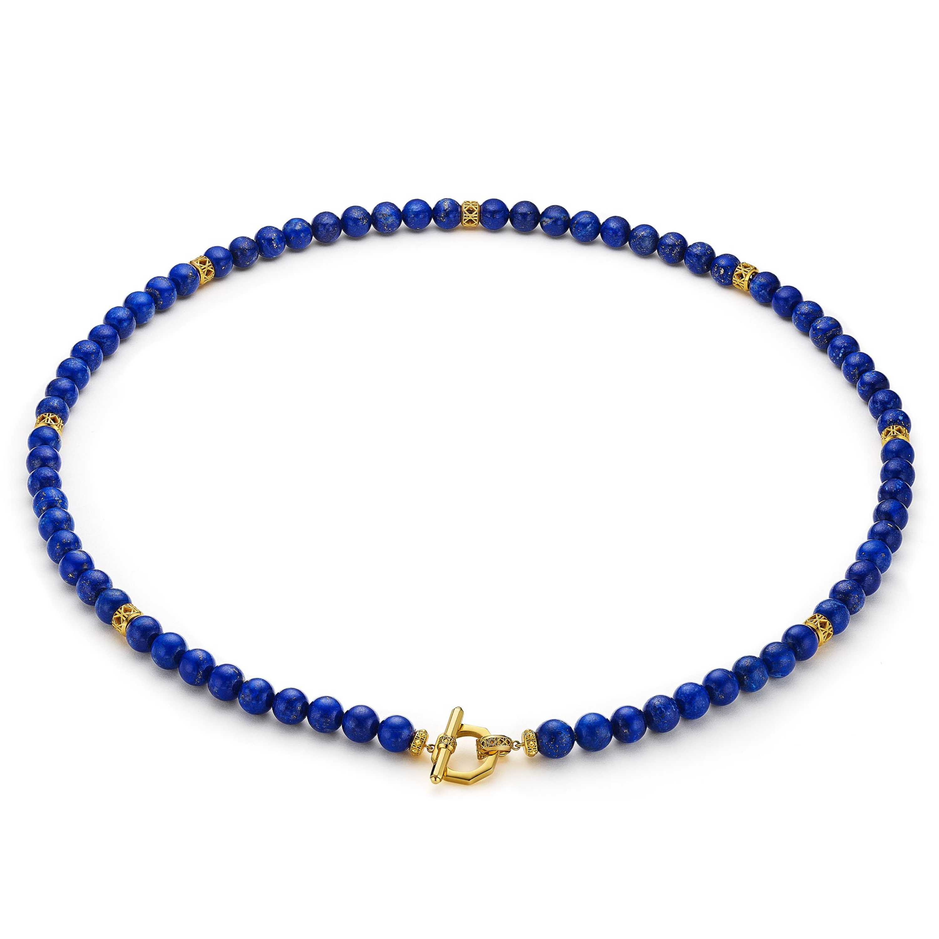MoAnA LUU Yva bead necklace in lapis lazuli with 18K yellow gold toggle inspired clasp and cane woven gold beads, inspired by traditional Creole bead jewelry.