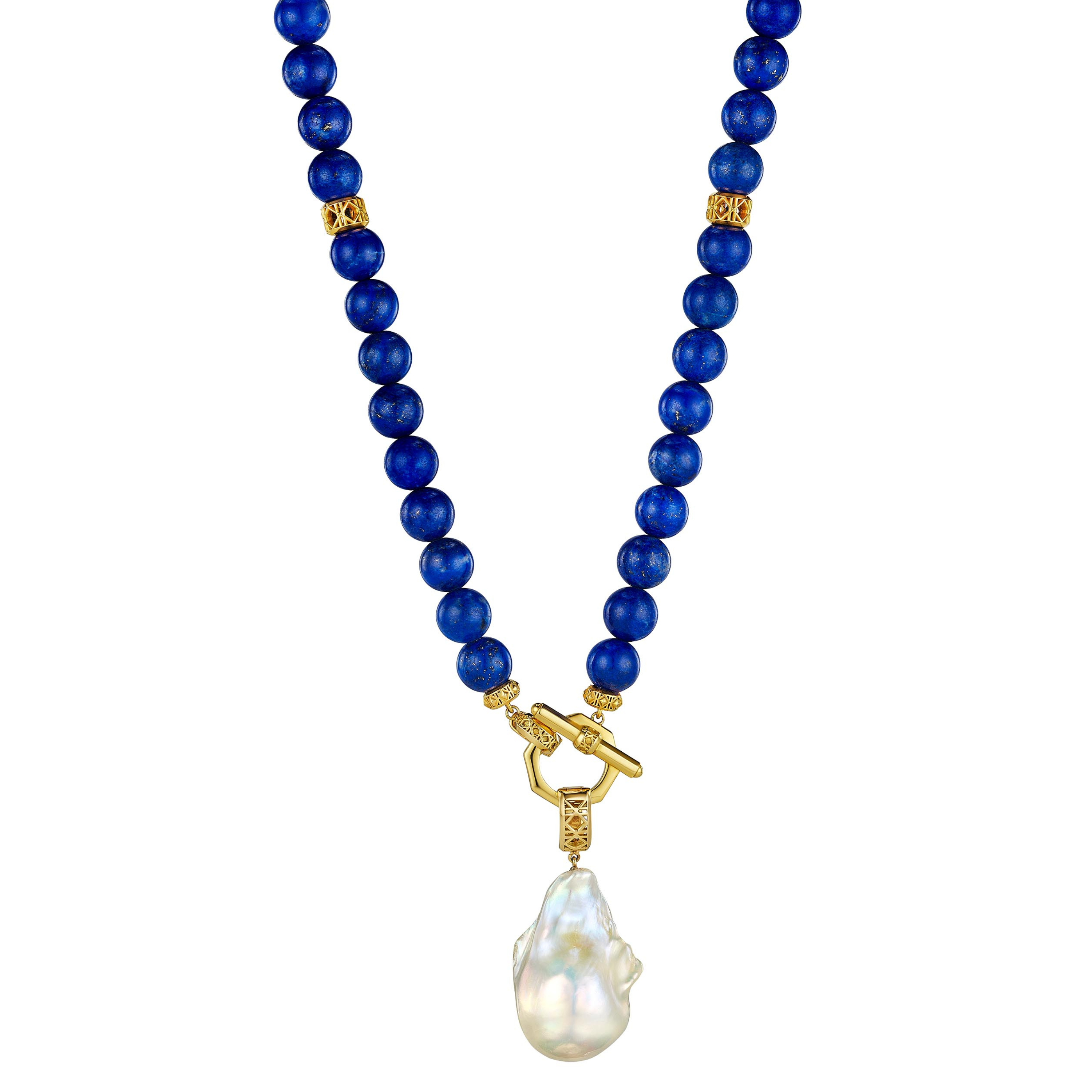 MoAnA LUU Yva bead necklace in lapis lazuli with 18K yellow gold toggle inspired clasp and cane woven gold beads, with Abyss baroque pearl pendant, inspired by traditional Creole bead jewelry.