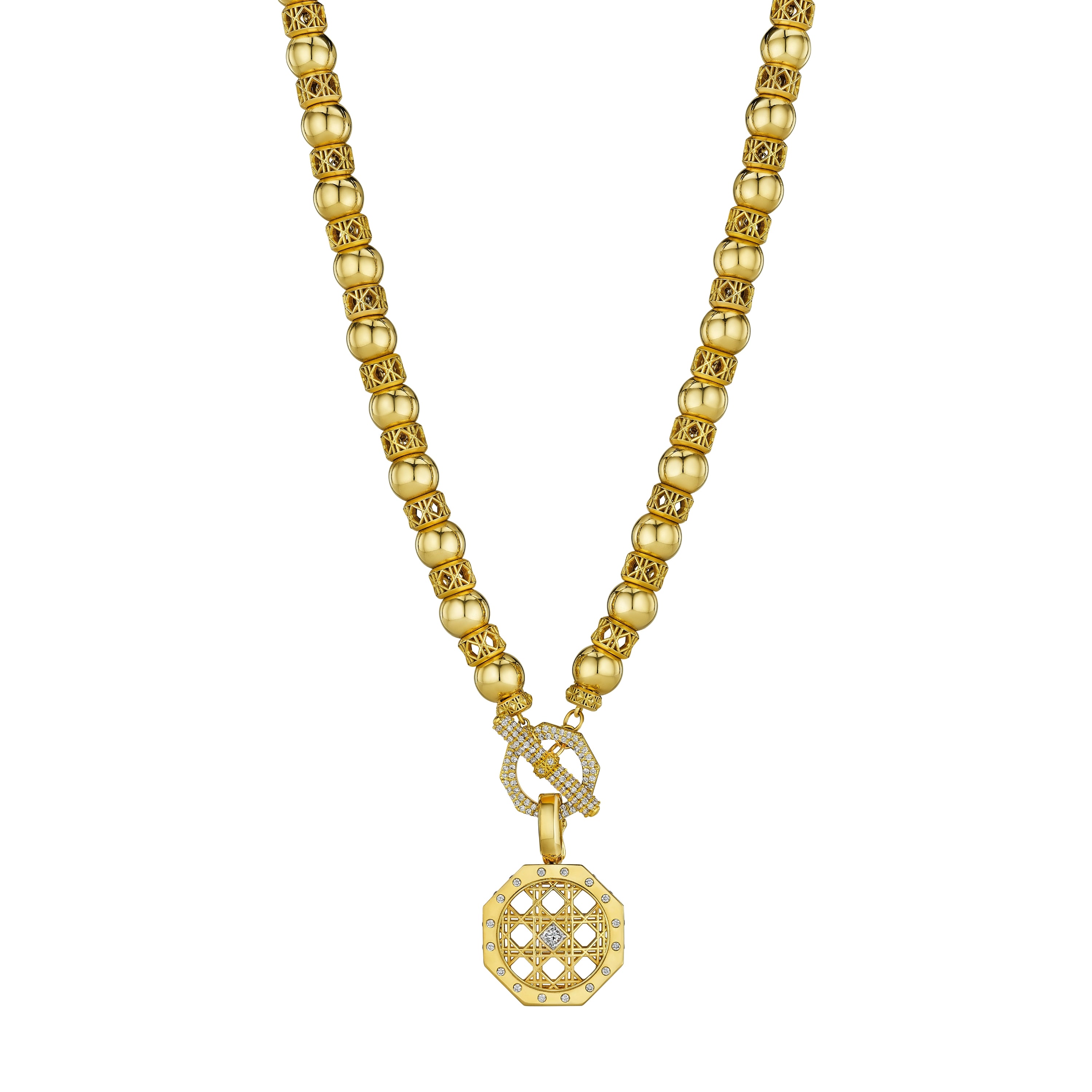 MoAnA LUU Yva bead necklace in  18K yellow gold with diamond encrusted  toggle clasp and cane woven gold beads, with Doudou octogonal pendant inspired by traditional Creole bead jewelry.