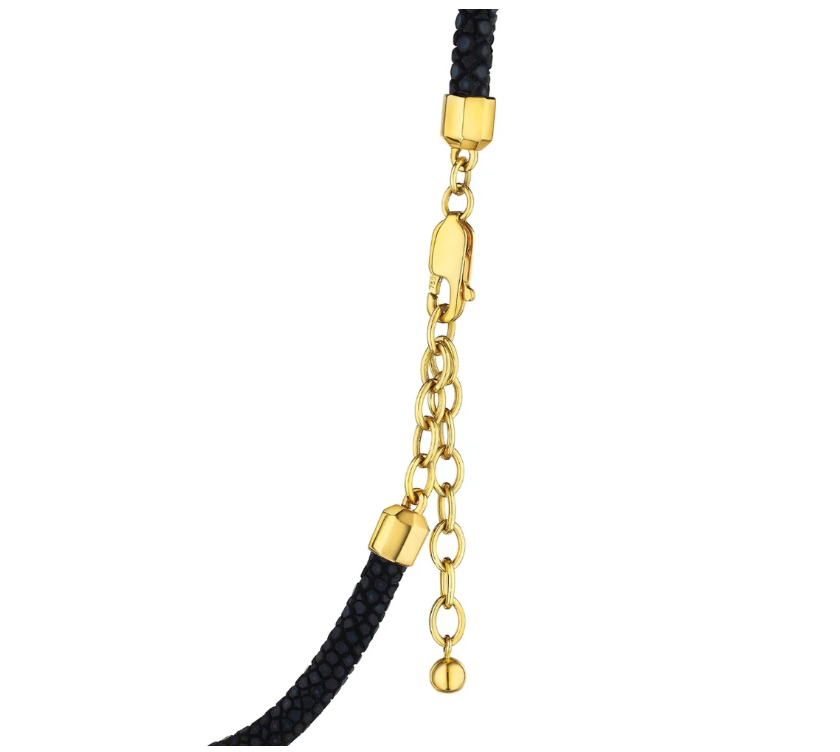 MoAnA LUU black stingray leather necklace with 18K yellow gold lobster clasp and adjustable chain detail.