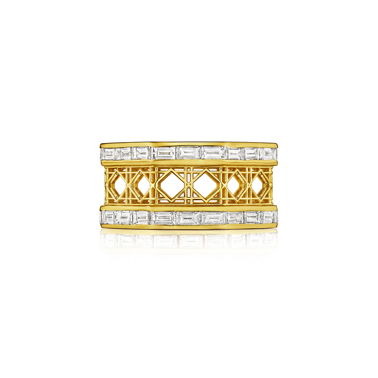 MoAnA LUU Doudou eternity band ring in 18K yellow gold, featuring baguette diamonds in an intricate woven openwork design inspired by Caribbean fish traps.