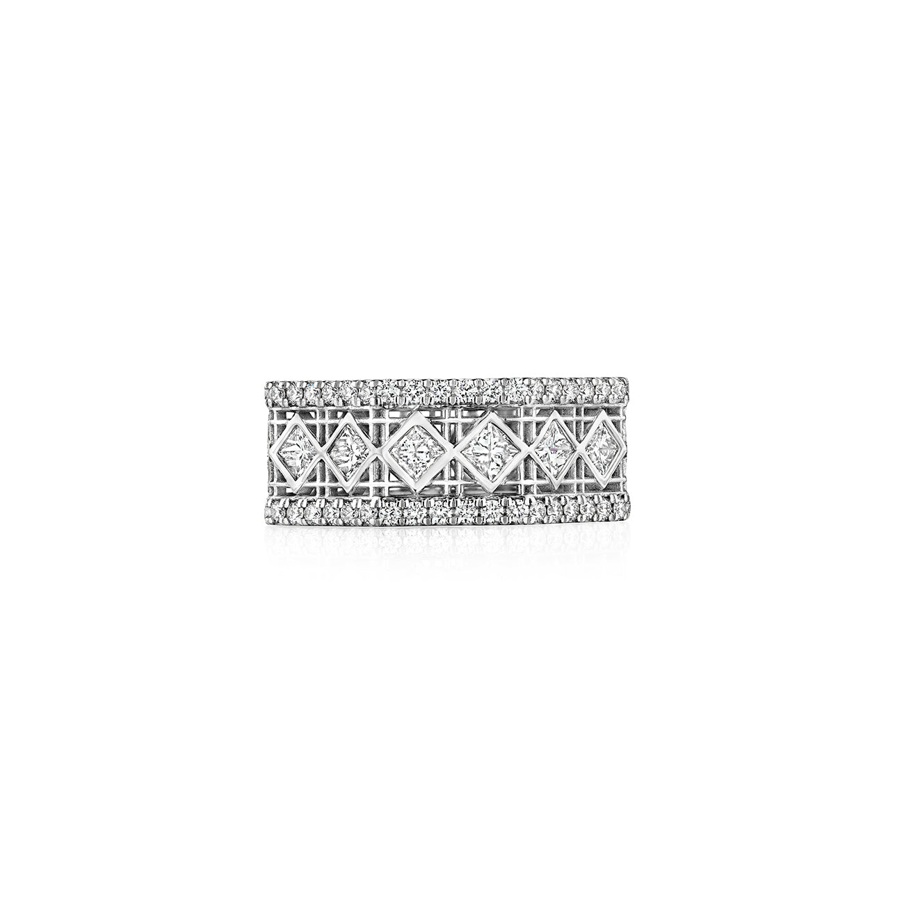 MoAnA LUU Doudou wide band ring in 18K white gold, featuring pavé and princess-cut diamonds in an intricate woven openwork design inspired by Caribbean fish traps.