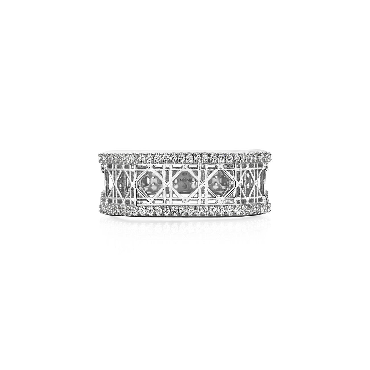 MoAnA LUU Doudou narrow ring in 18K white gold, featuring pavé diamonds in an intricate woven openwork design inspired by Caribbean fish traps.
