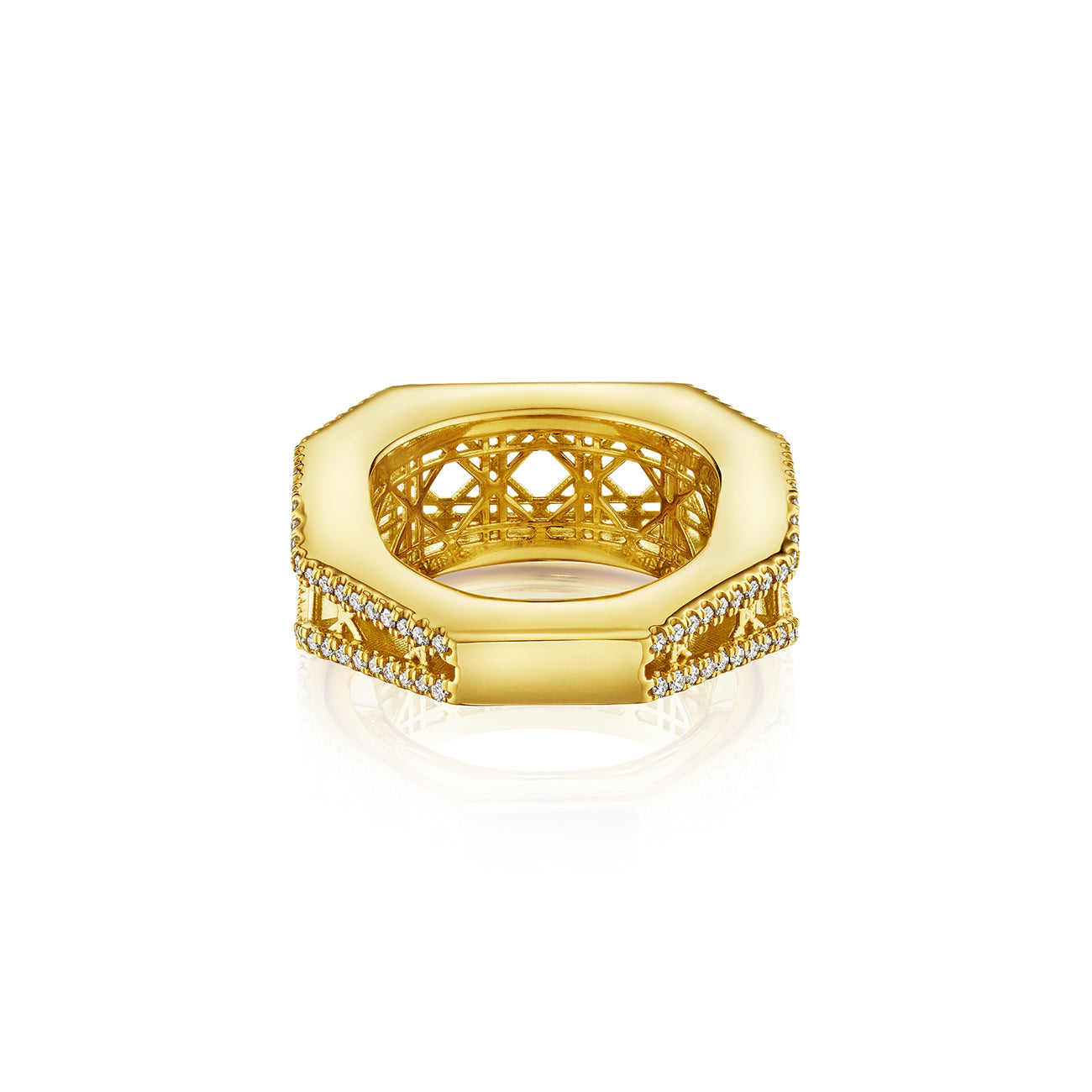 MoAnA LUU Doudou narrow ring in 18K yellow gold, featuring pavé diamonds in an intricate woven openwork design inspired by Caribbean fish traps.